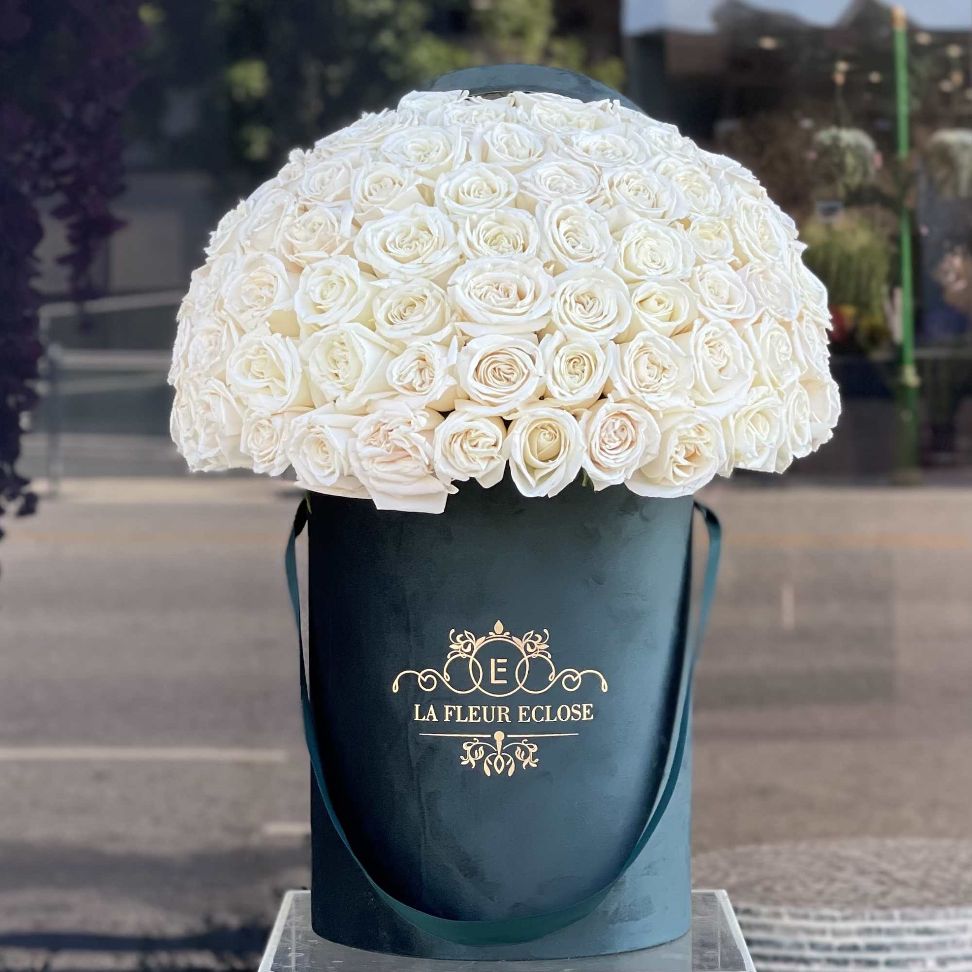 Large dome of white roses in a dark teal hatbox
