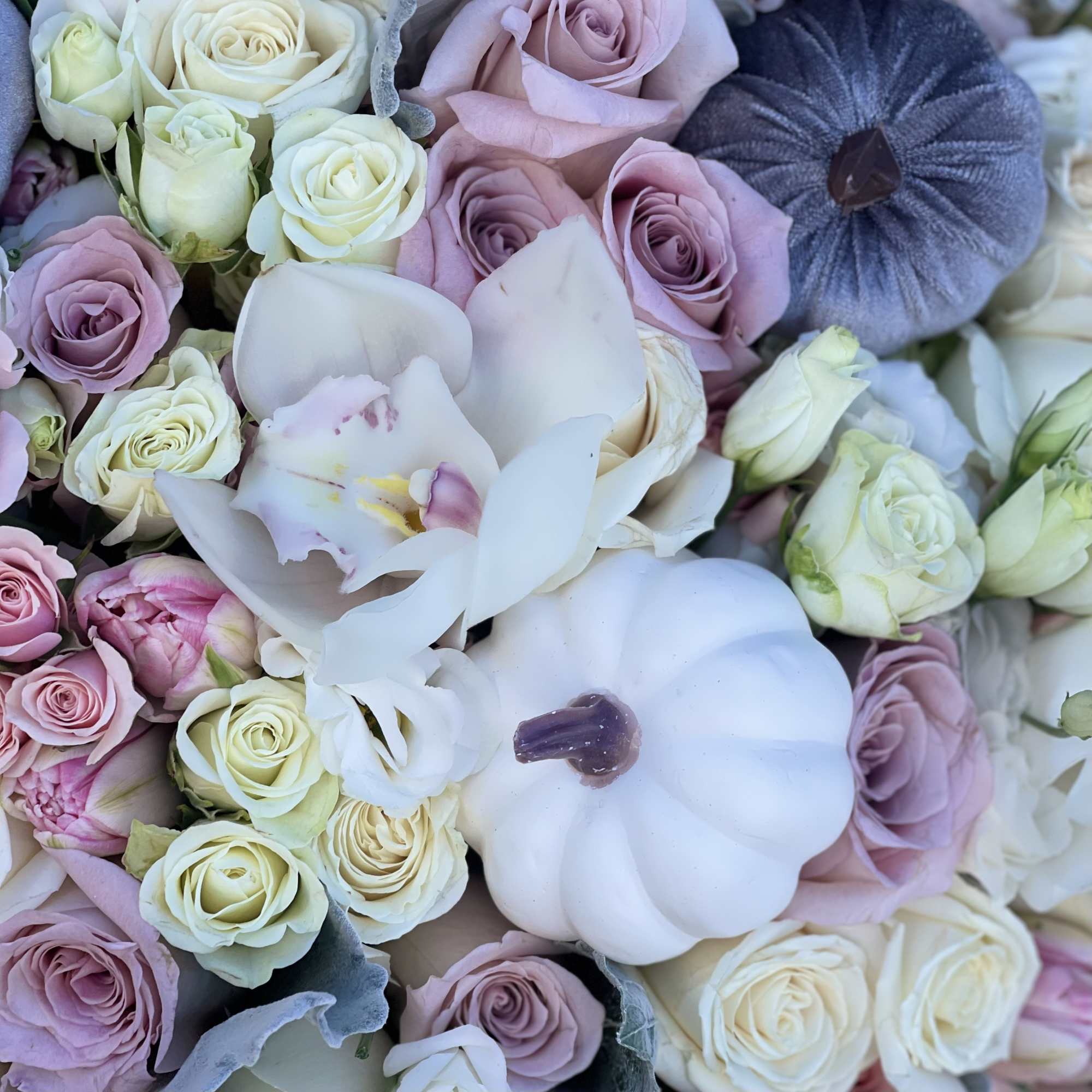 Beautiful very soft pastel colors arrangement in our signature grey velvet box, photo 2 of 3