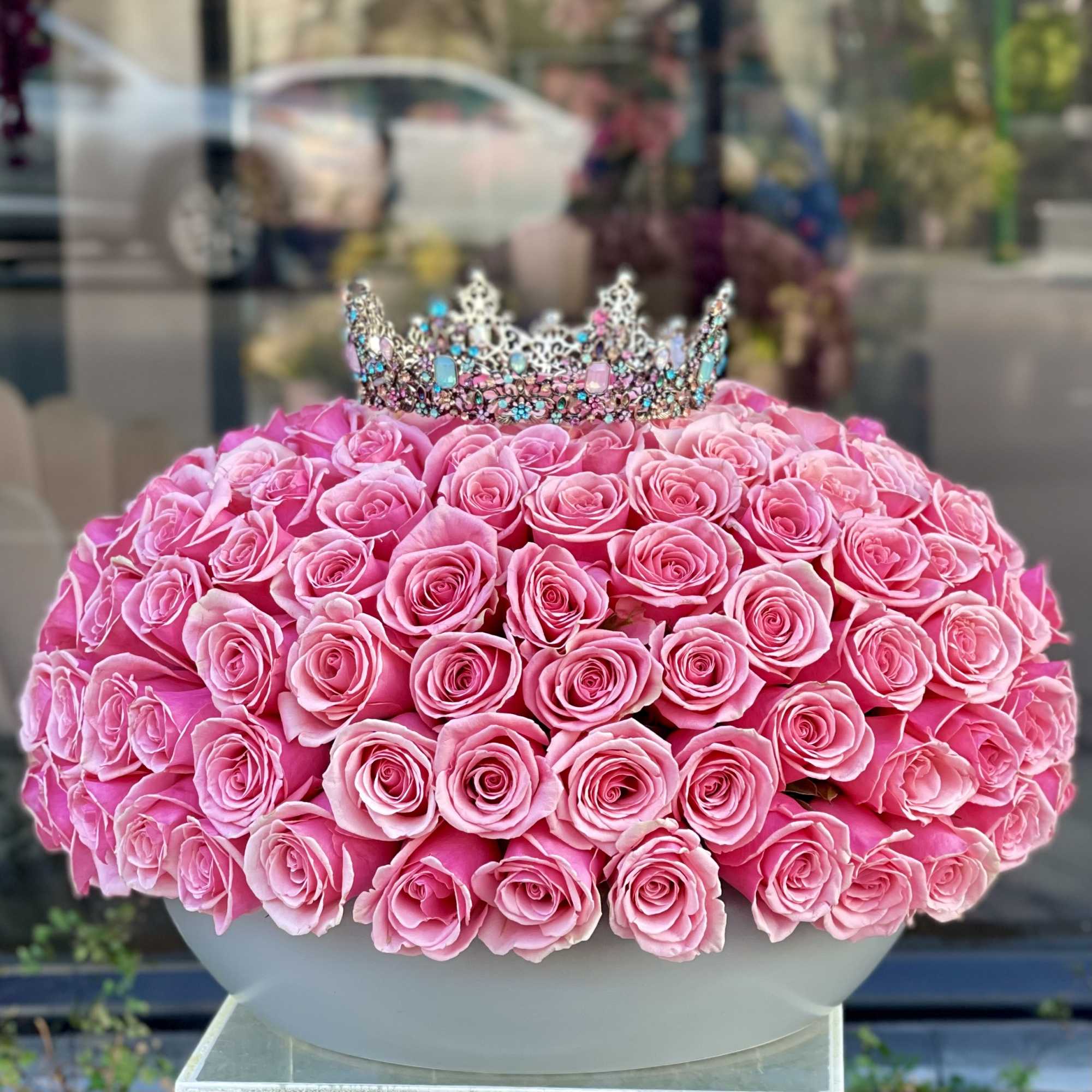 standart - 100 pink roses in our grey vase 
comes with a, photo 5 of 5
