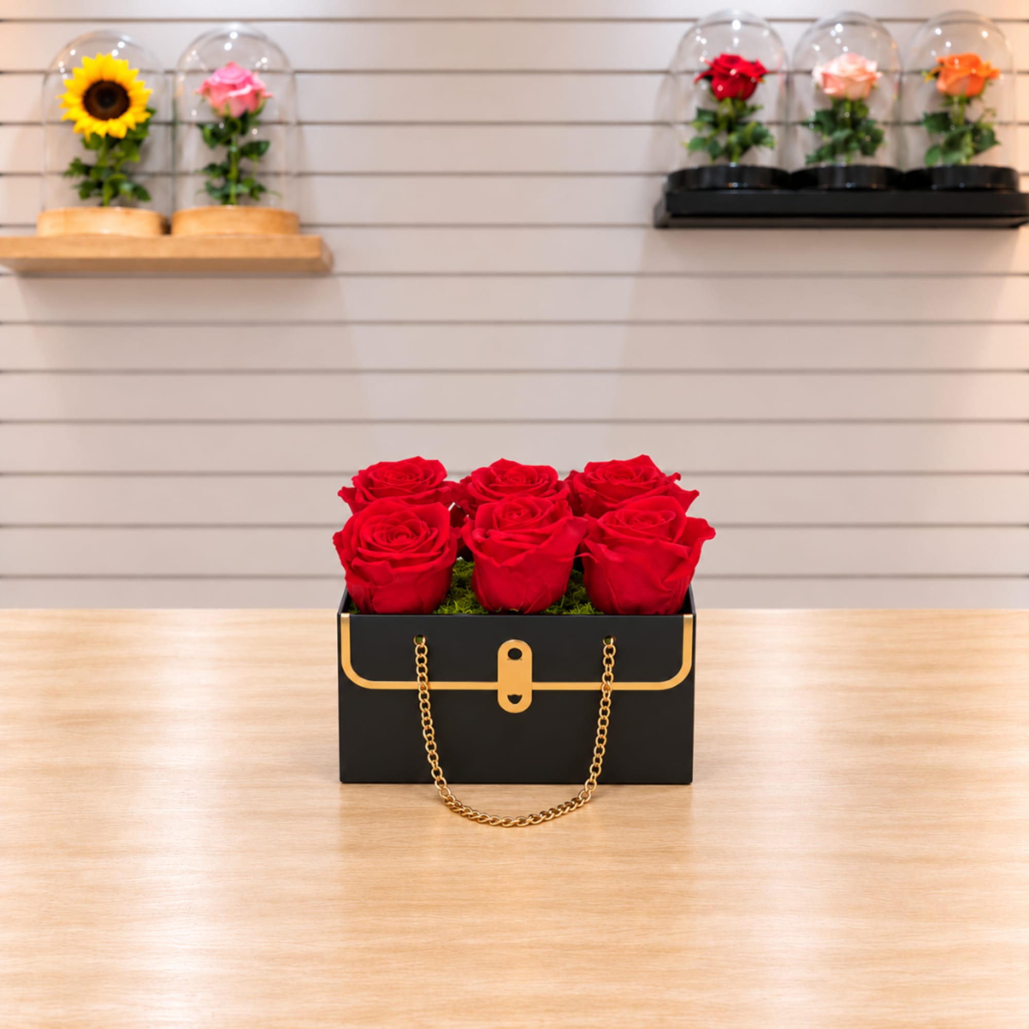 Red roses arranged in a black box with a gold chain handle