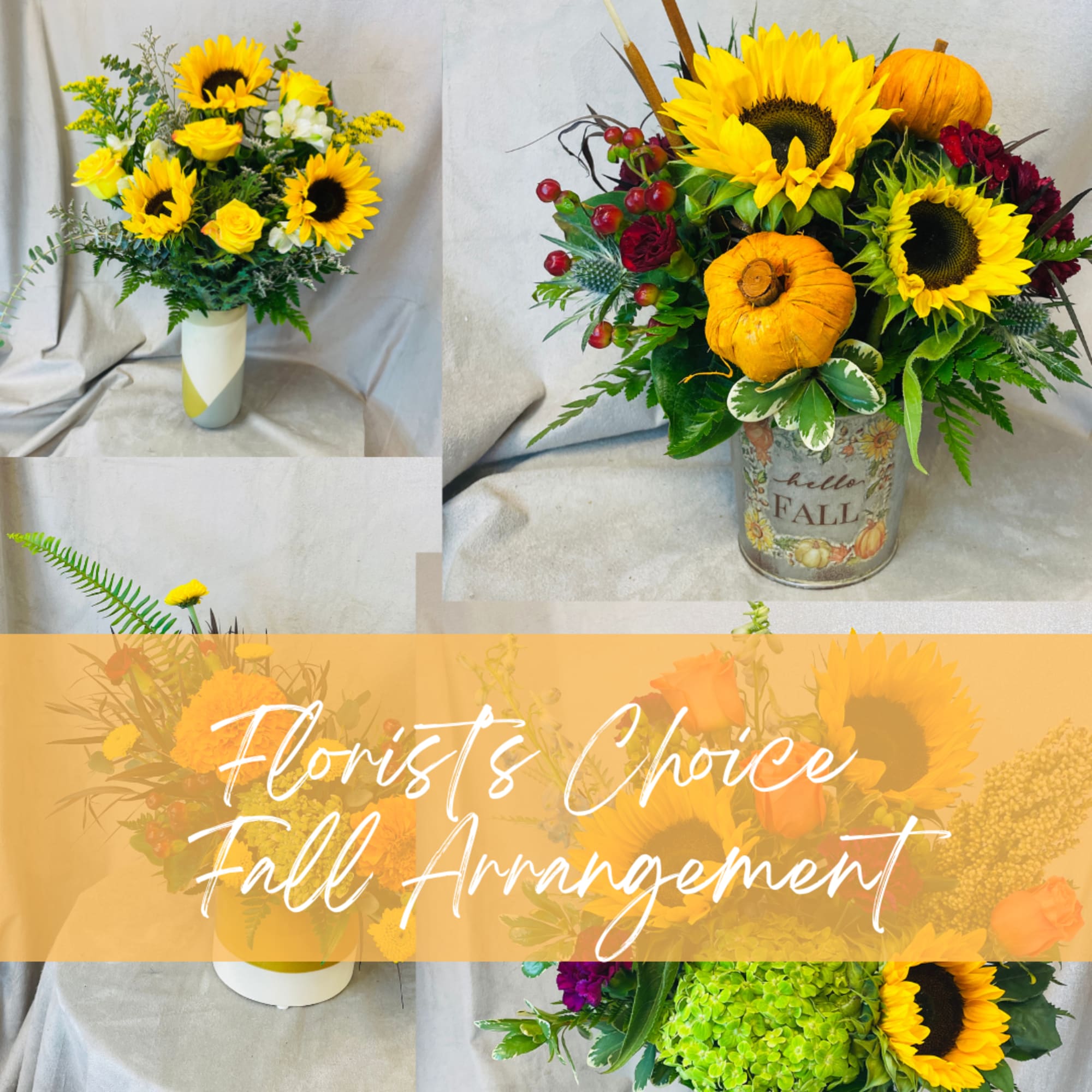 Fall floral arrangement with sunflowers and pumpkins in a decorative container