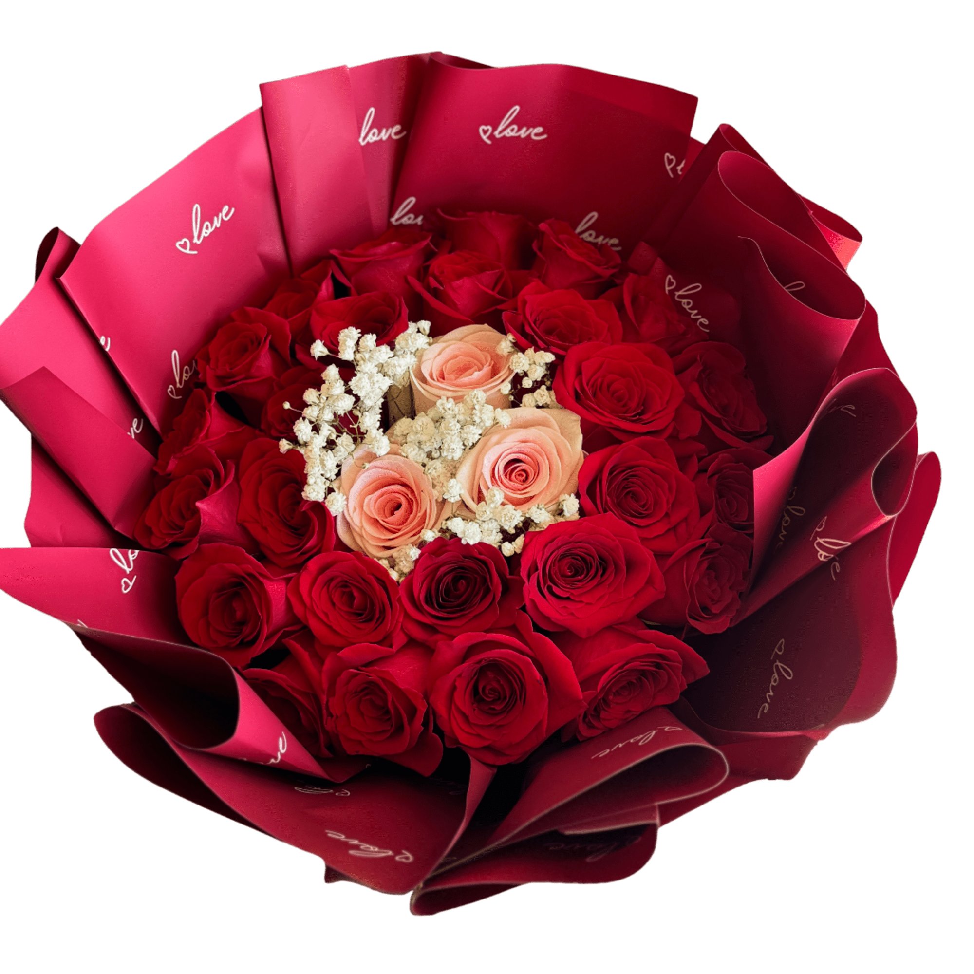 Bouquet of red and peach roses wrapped in pink paper