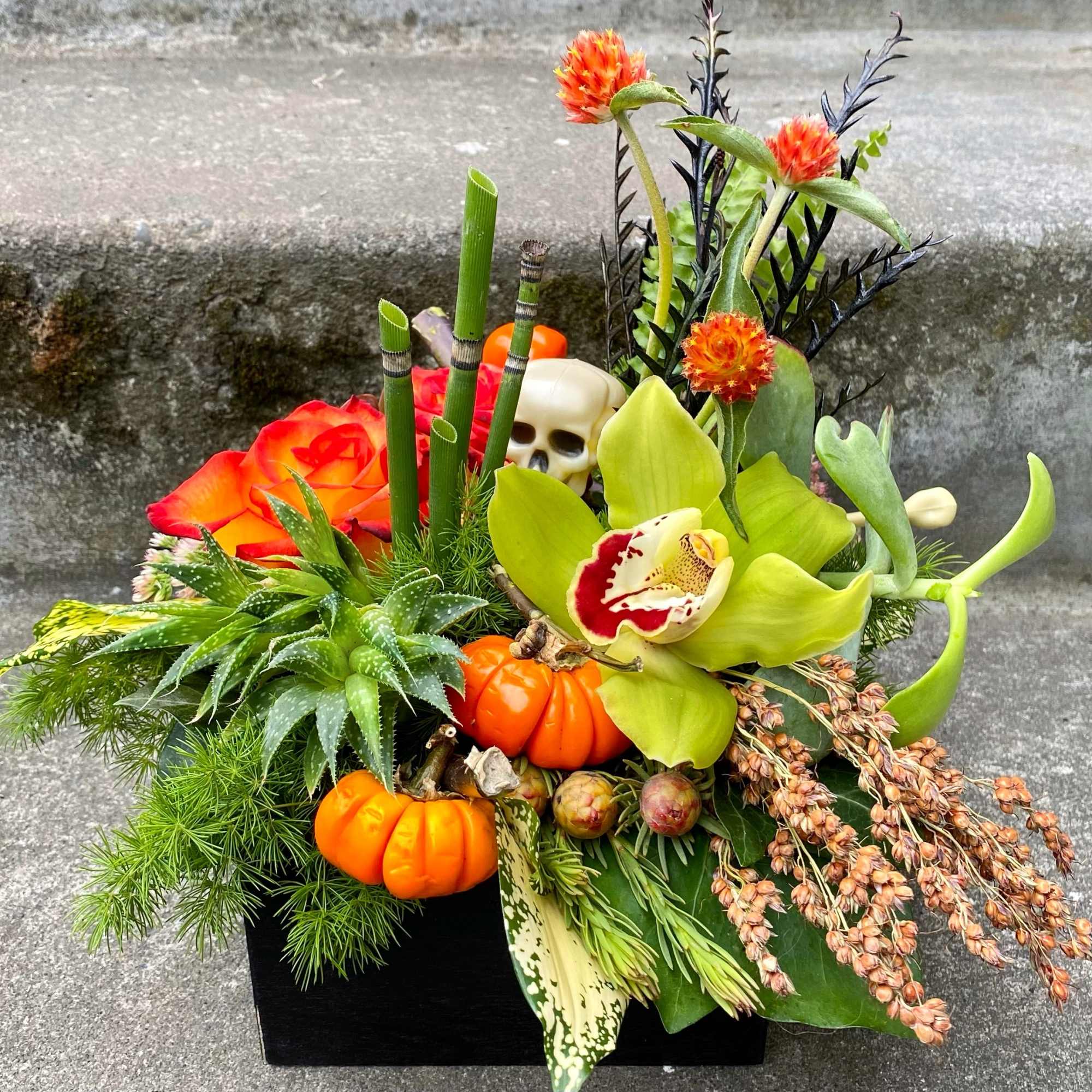 Tropical floral arrangement with orange blooms, orchids, and small pumpkins in a black container