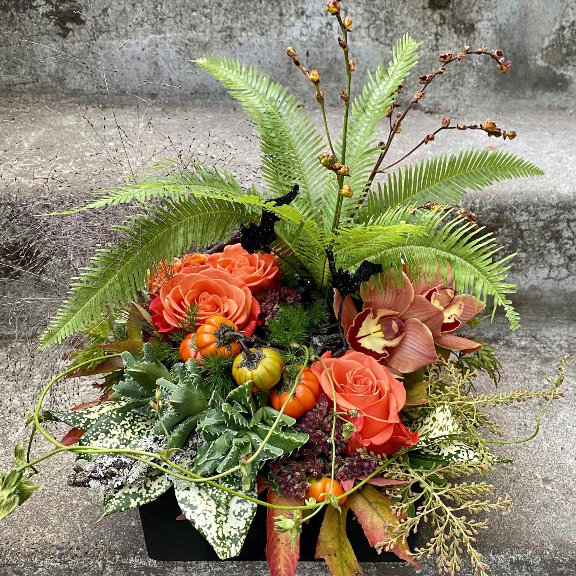 Orange roses and orchids in a black container with fern fronds and mini pumpkins