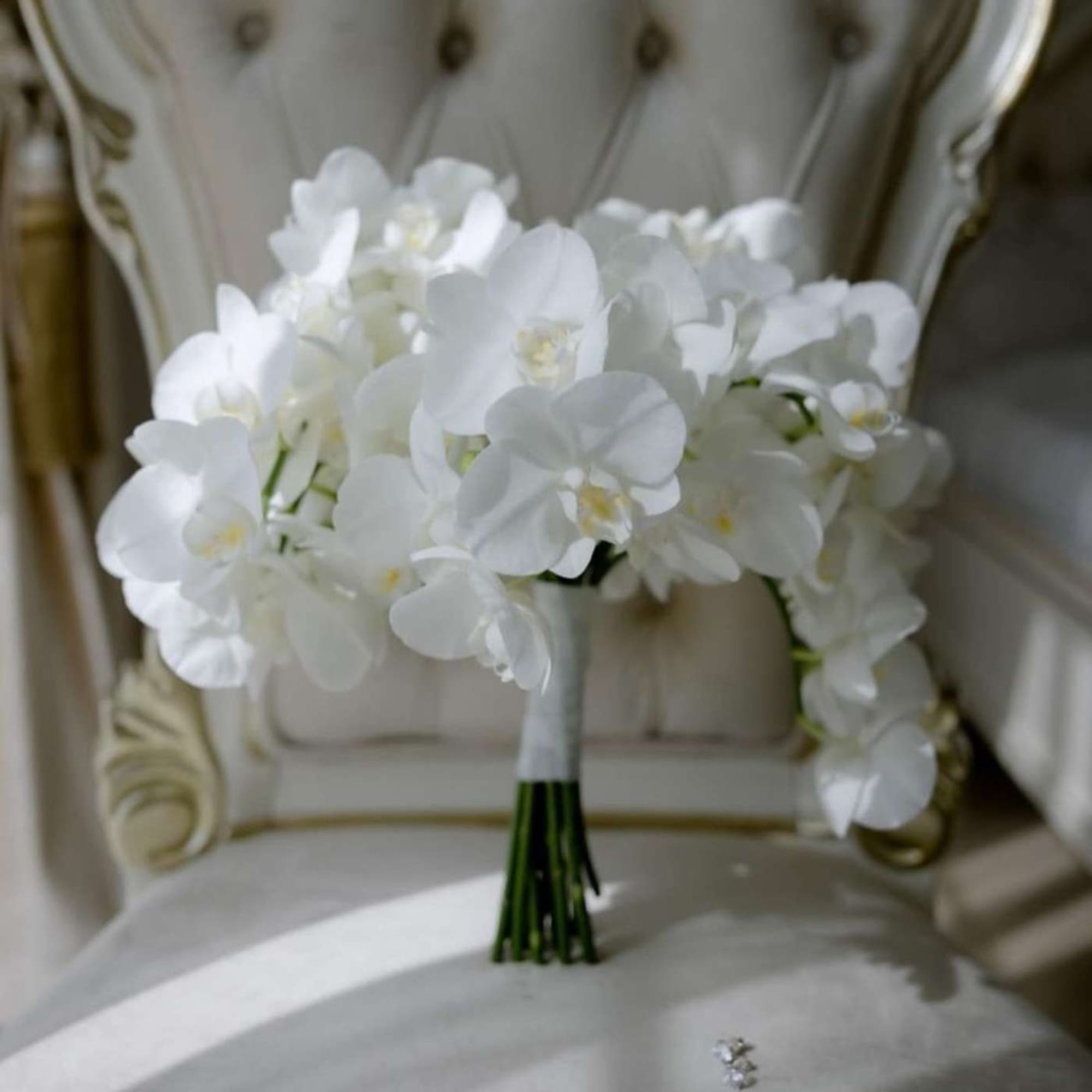 White orchid bouquet resting on a chair