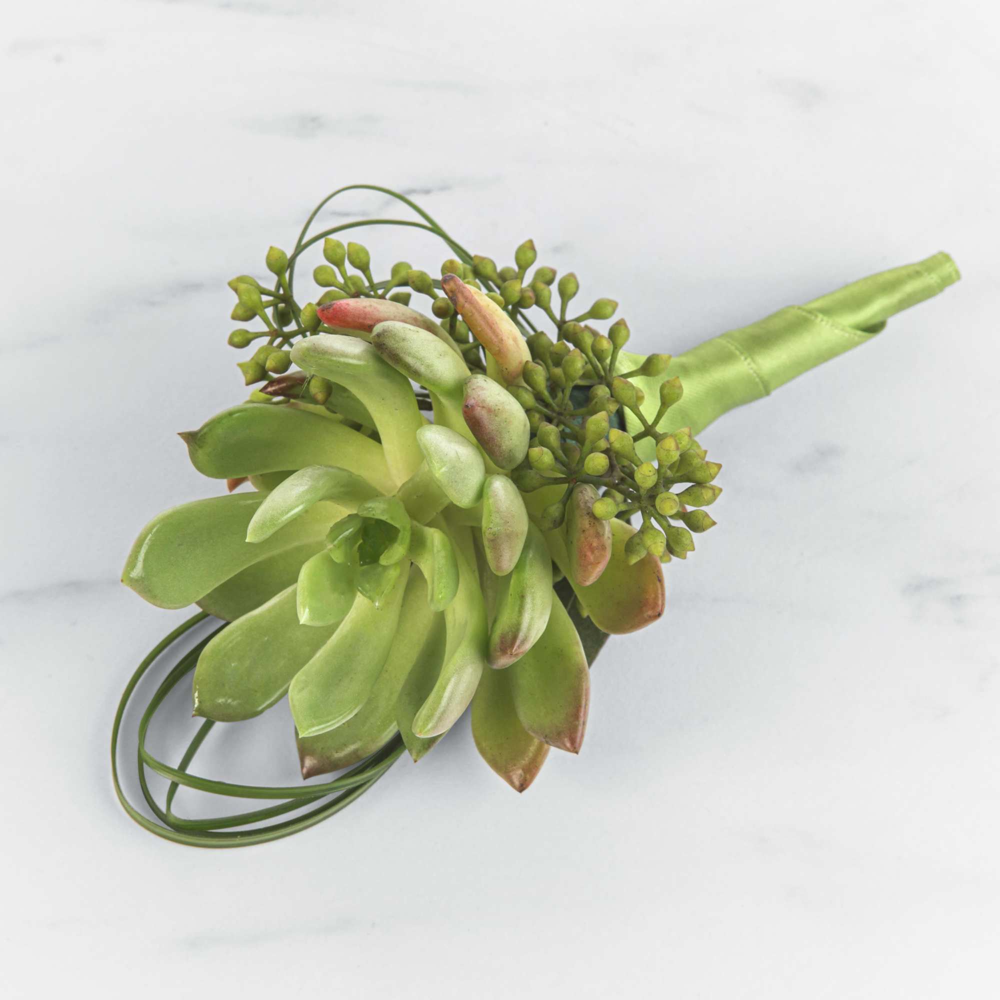 Succulent bouquet with green buds and a satin-wrapped handle