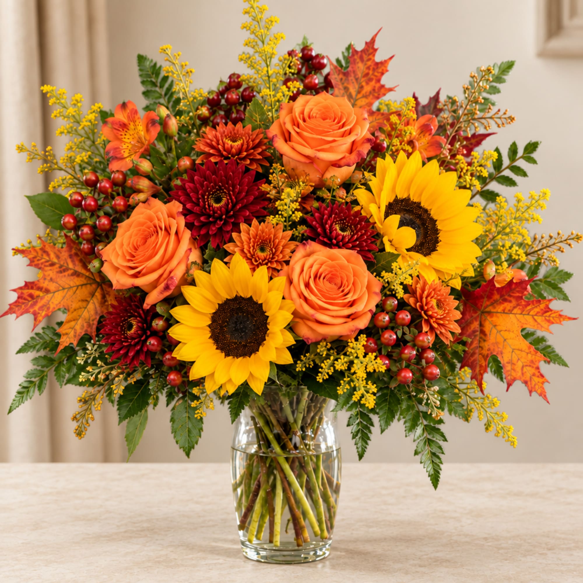Autumn bouquet of sunflowers, orange roses, and red mums in a glass vase