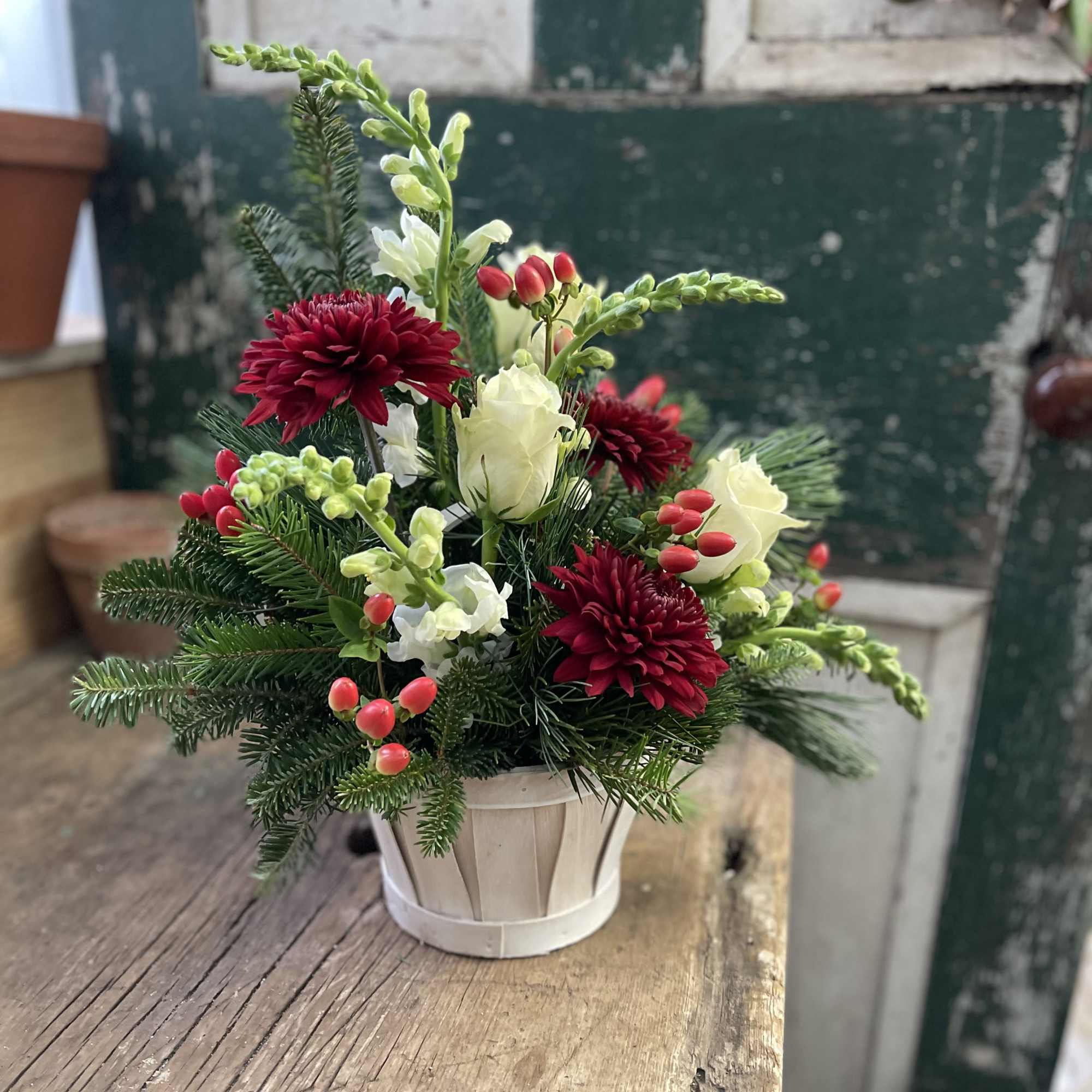 Compact floral arrangement in a white pot with red and white blooms