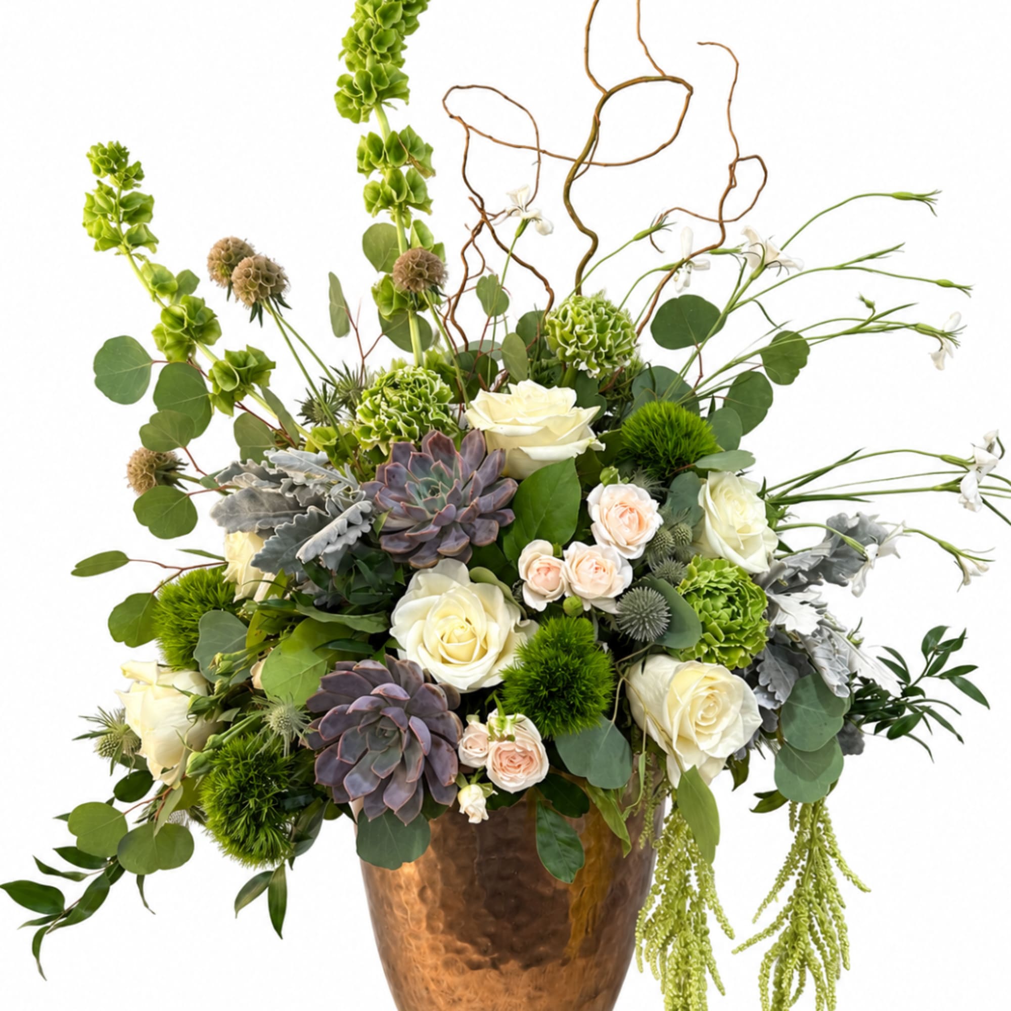 Mixed floral arrangement with white roses and green succulents in a copper vase
