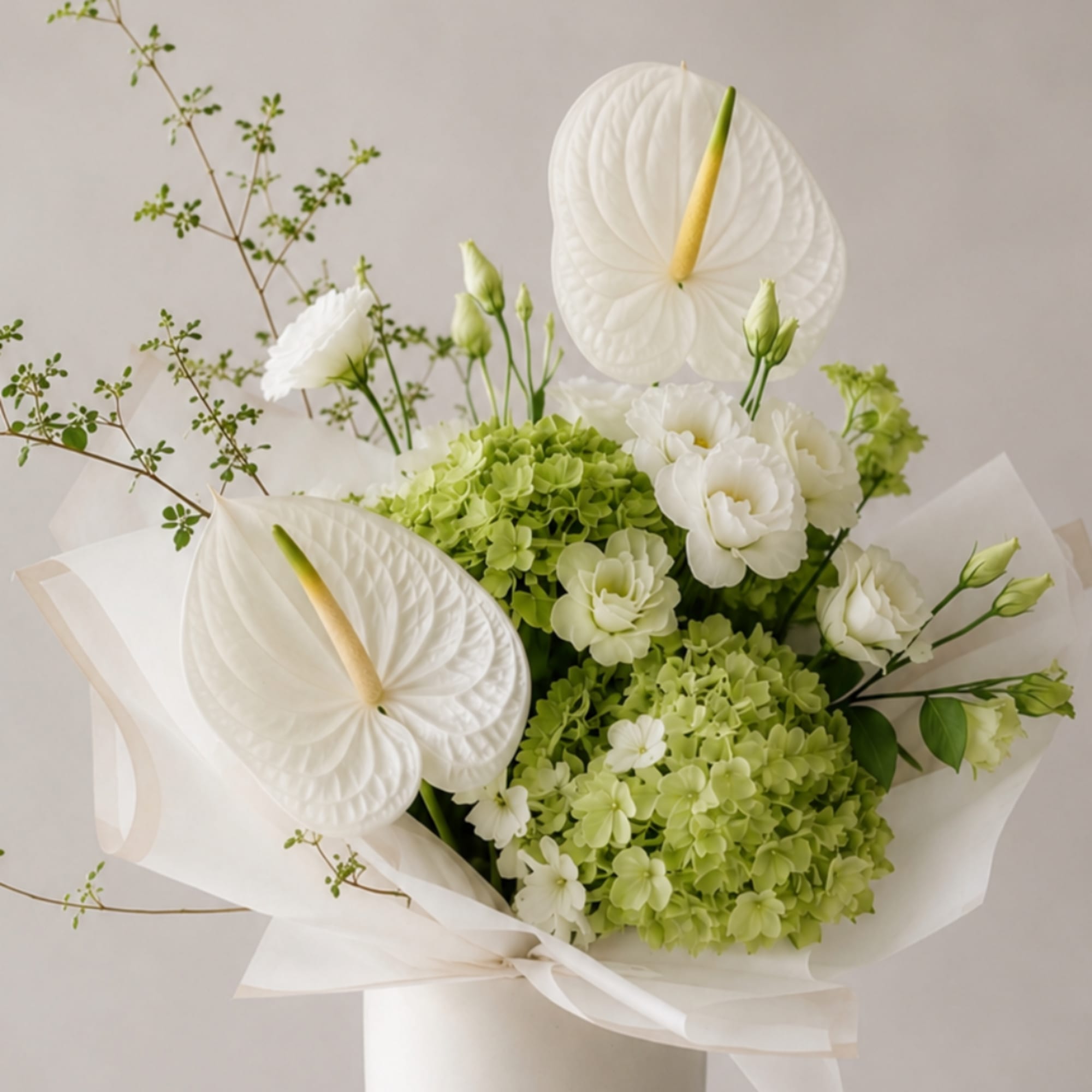 White anthuriums and green hydrangeas in a wrapped bouquet
