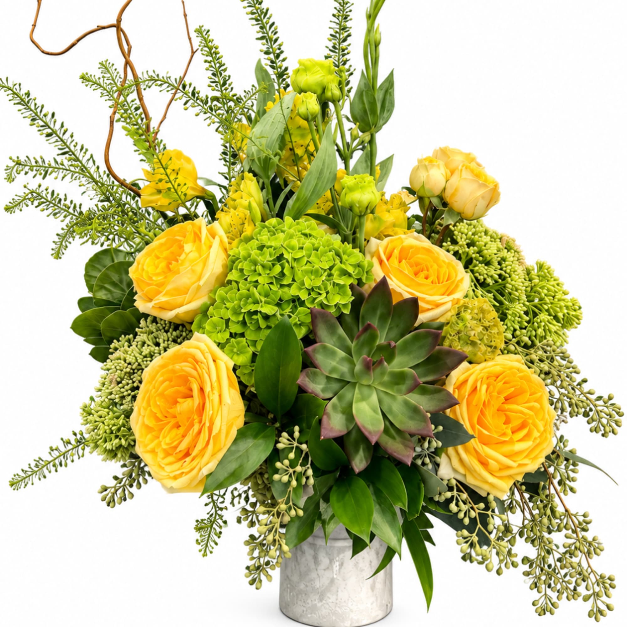 Yellow roses and green succulents arranged in a silver vase