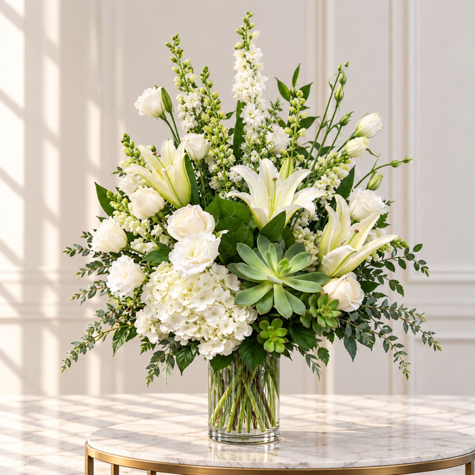 White lilies and roses in a clear glass vase with a succulent accent