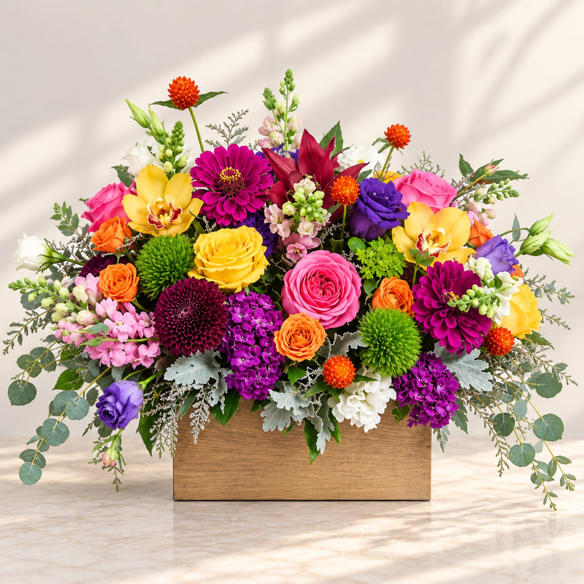 Bright mixed flower arrangement in a wooden box with roses and orchids