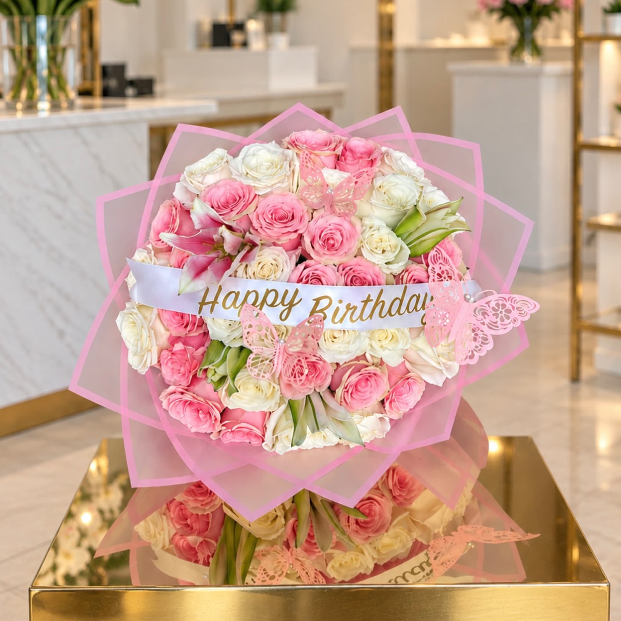 Pink and white rose bouquet with a Happy Birthday ribbon and butterfly decorations