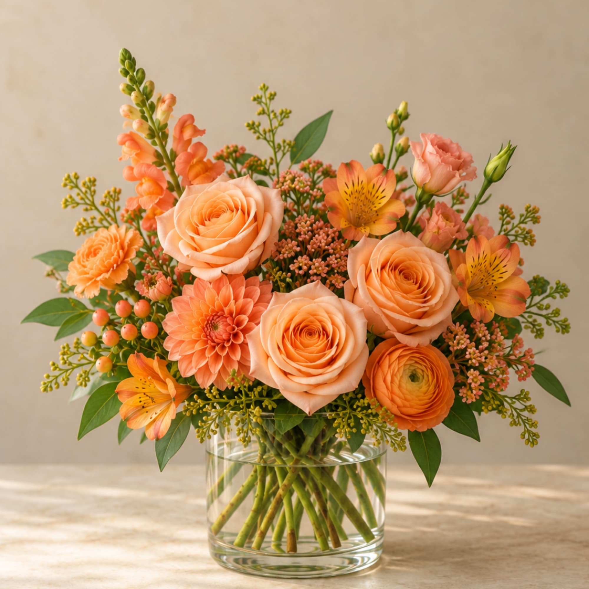 Peach and orange bouquet in a clear glass vase