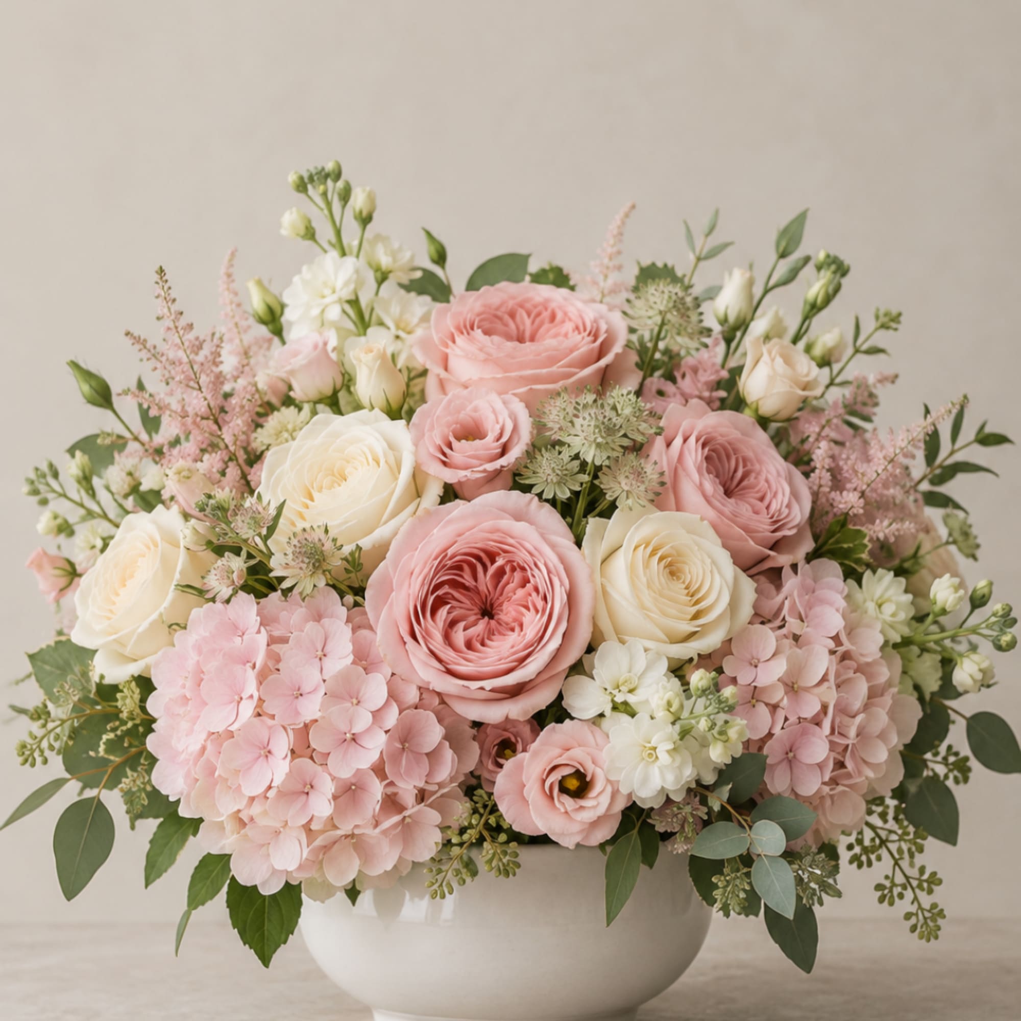 Pink and white roses with hydrangeas in a white bowl vase