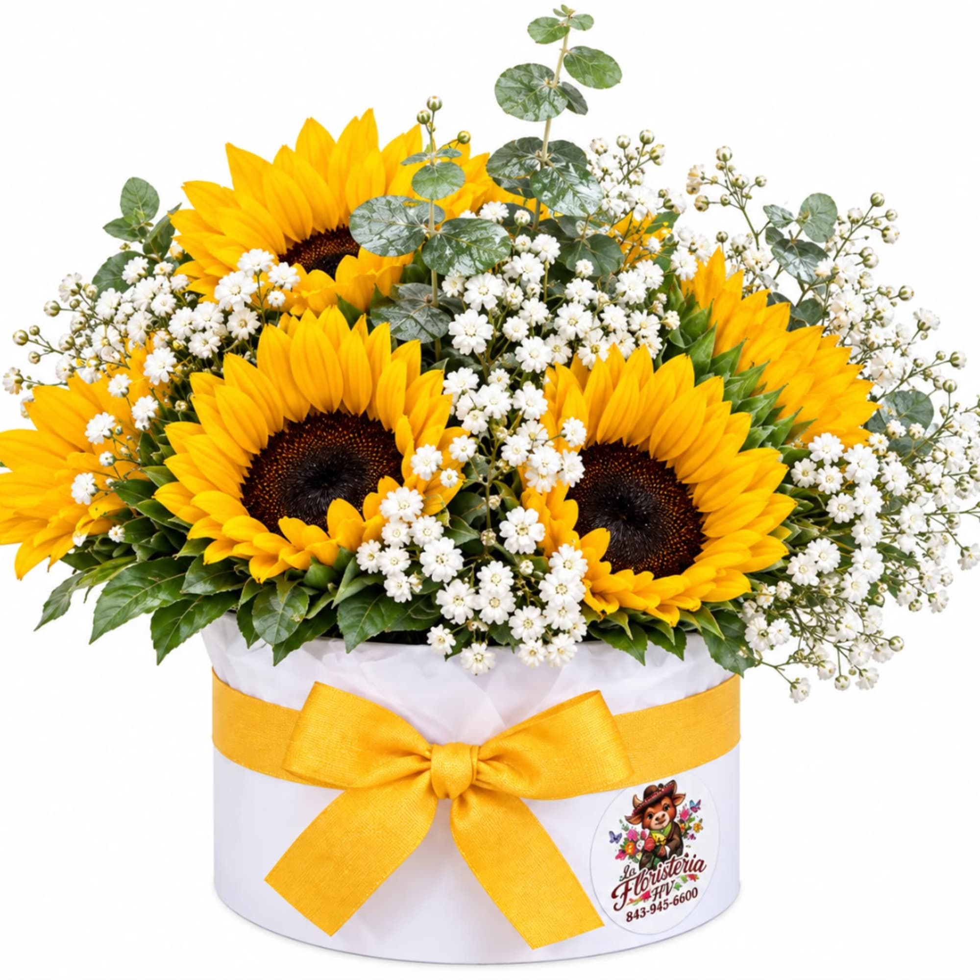 Sunflower arrangement in a white hatbox with a yellow ribbon