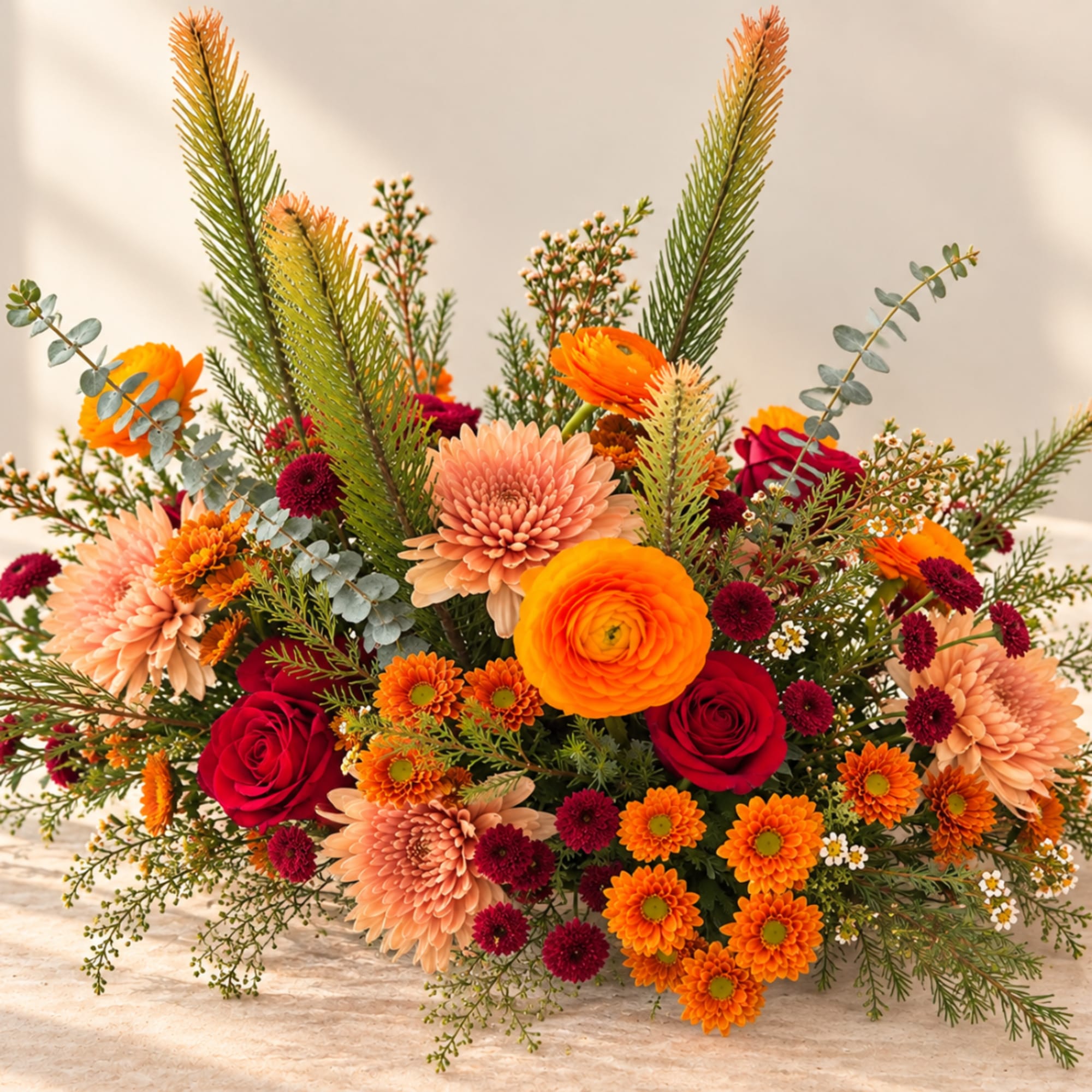 Bright mixed bouquet with orange, peach, and red flowers