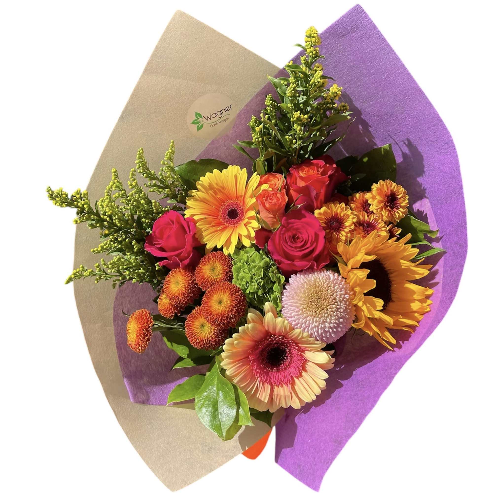 Bright mixed bouquet with gerbera daisies, roses, and chrysanthemums in purple wrap