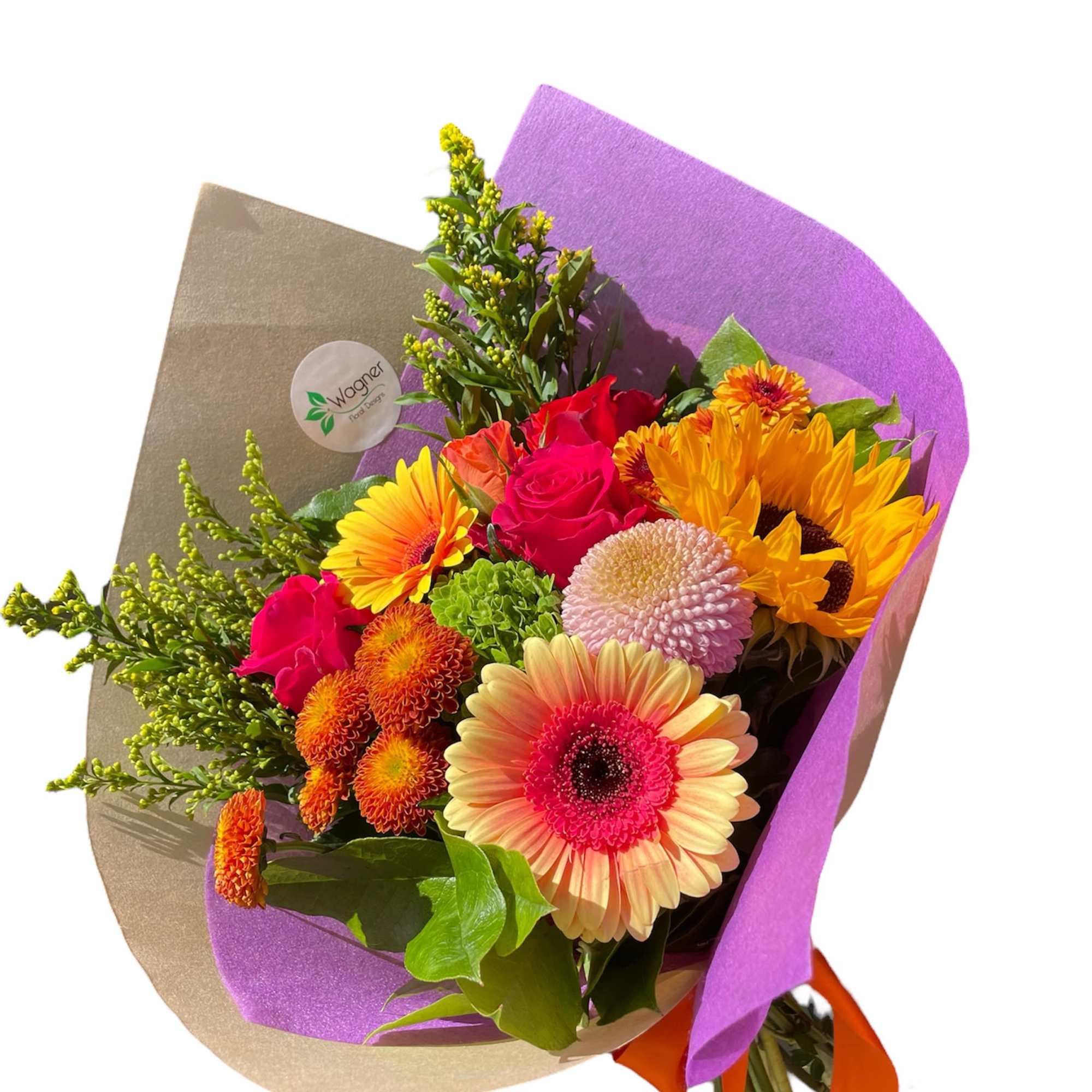 Bright mixed bouquet with gerbera daisies, roses, and chrysanthemums in purple wrap, photo 2 of 2
