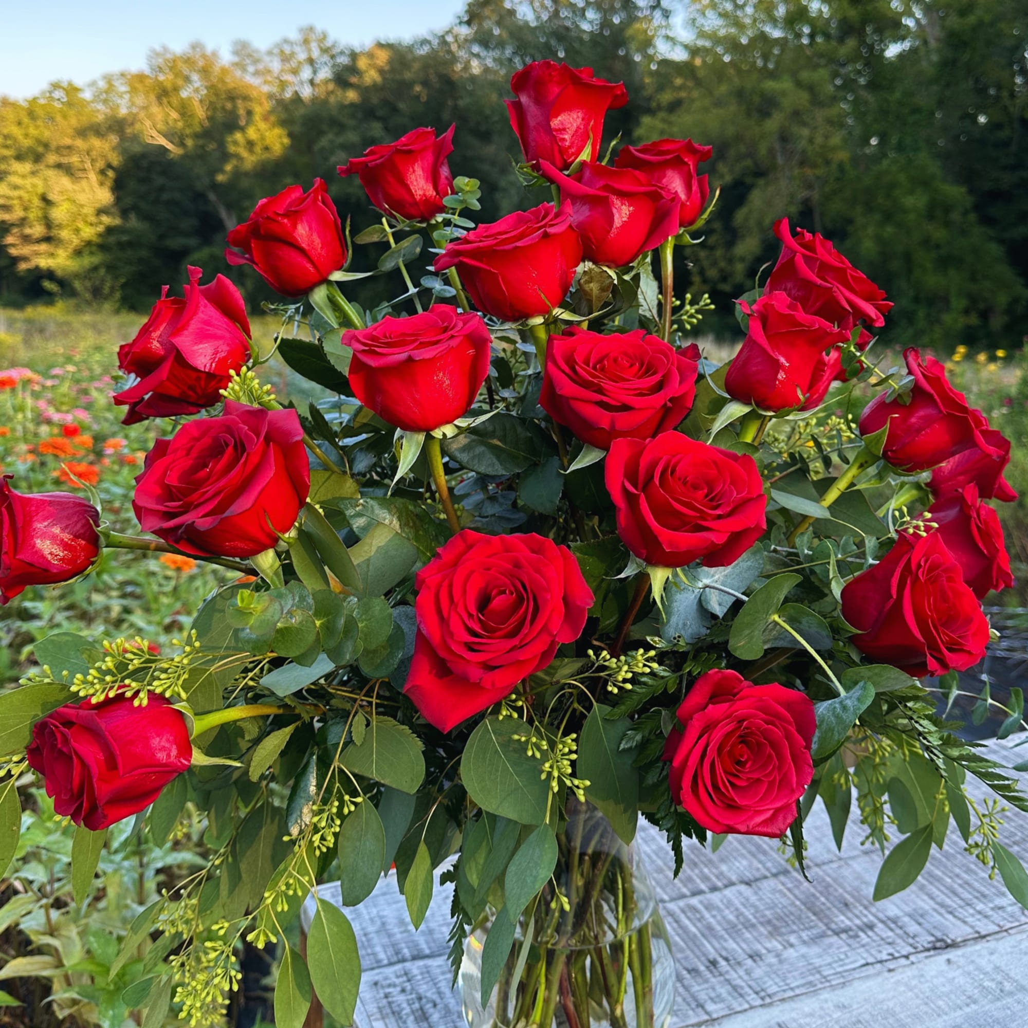 Red roses hugged by airy greens are beautifully arranged in a clear