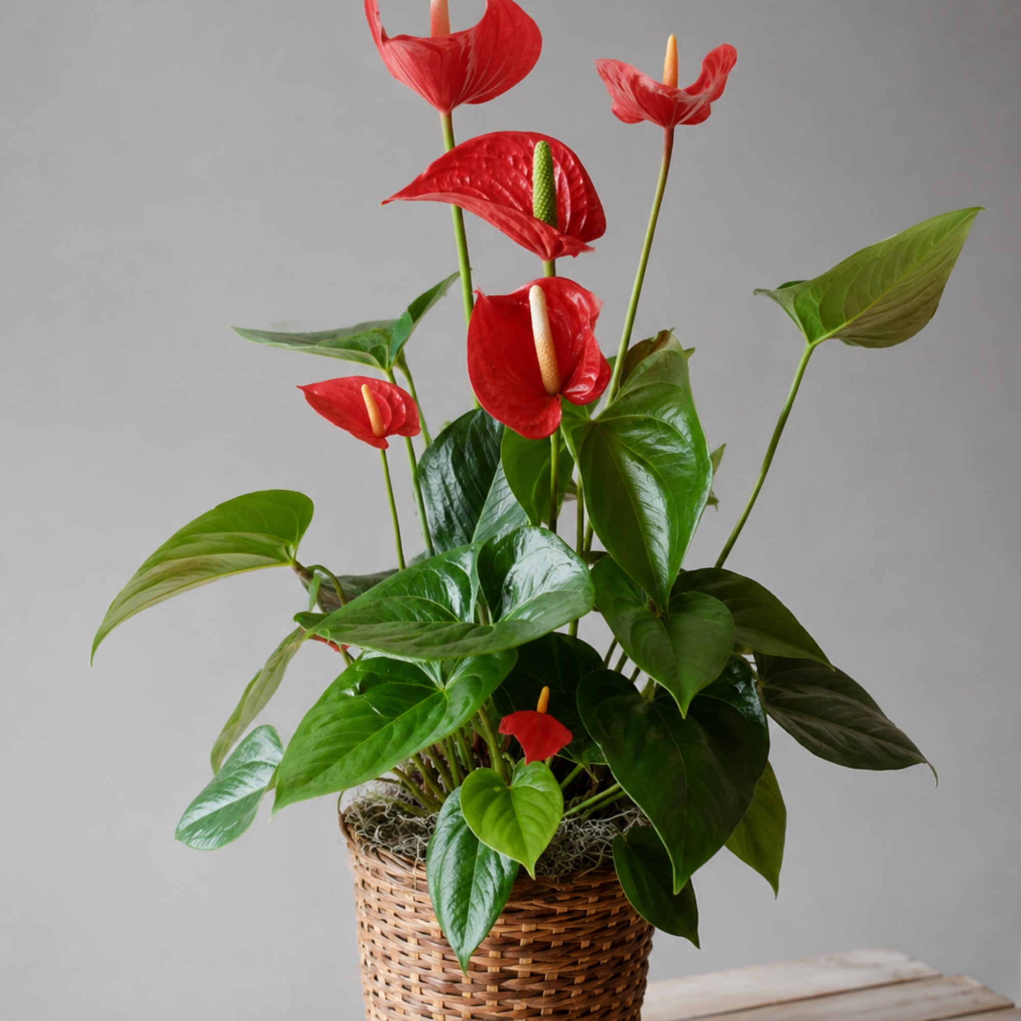 Potted red anthurium plant in a woven basket