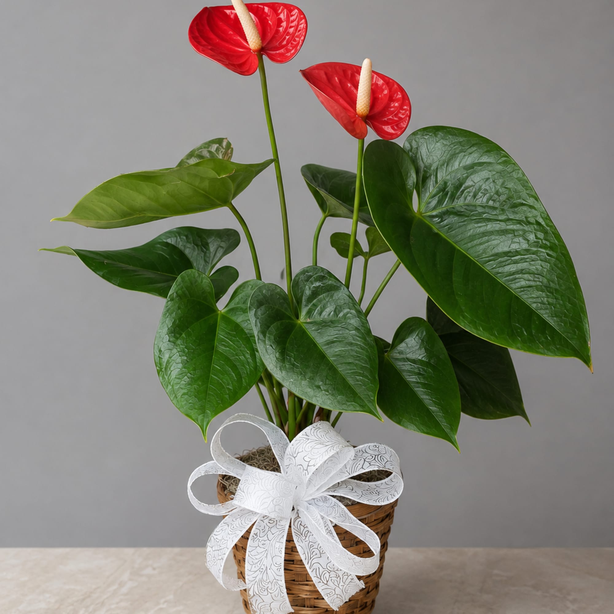 Potted anthurium plant with red blooms in a wicker basket