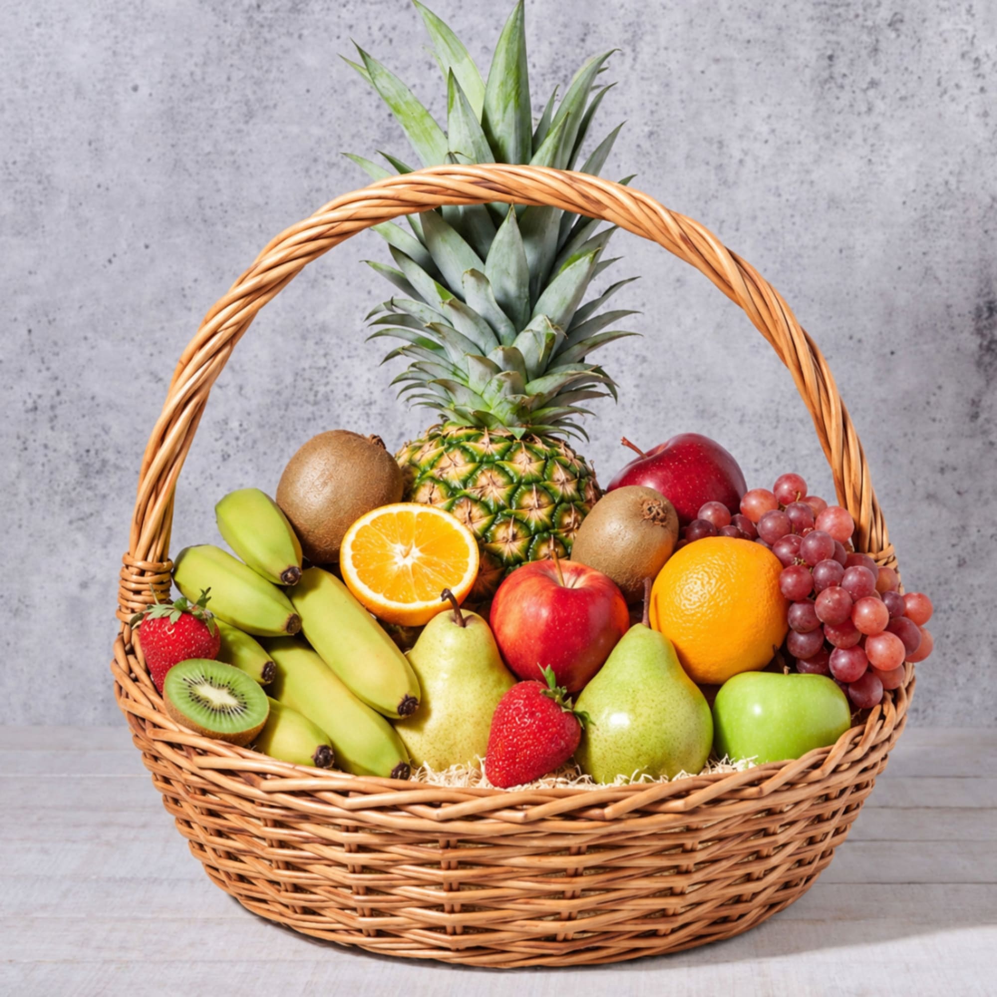 Wicker basket filled with assorted fruit including pineapple, bananas, grapes, apples, pears, and strawberries