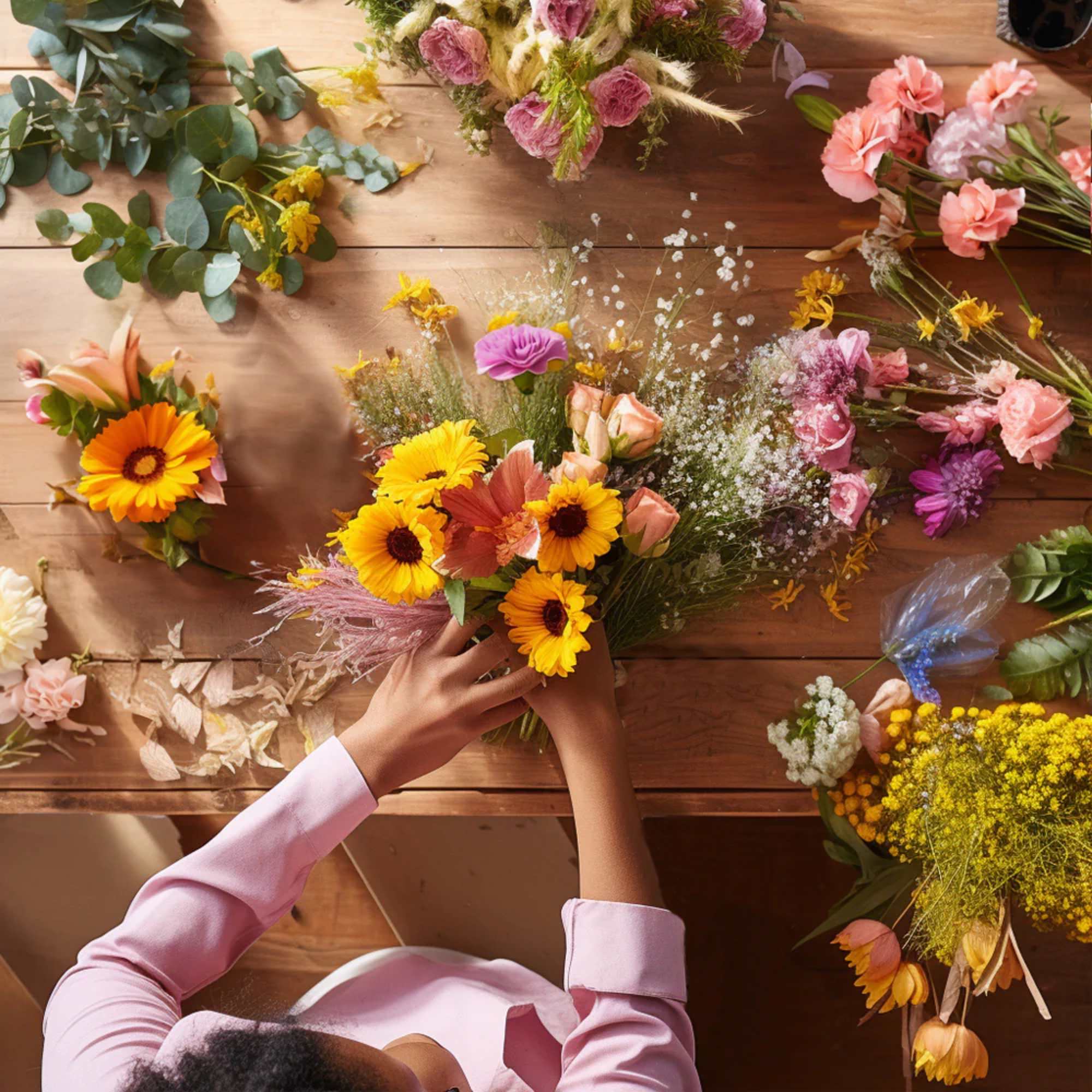 Hands arranging a bright yellow and pink mixed bouquet on a wooden table scattered with flowers.