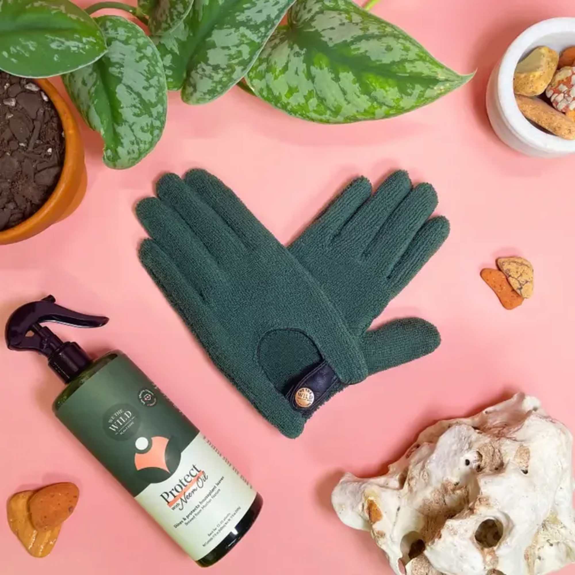 Green gardening gloves beside a plant pot and spray bottle