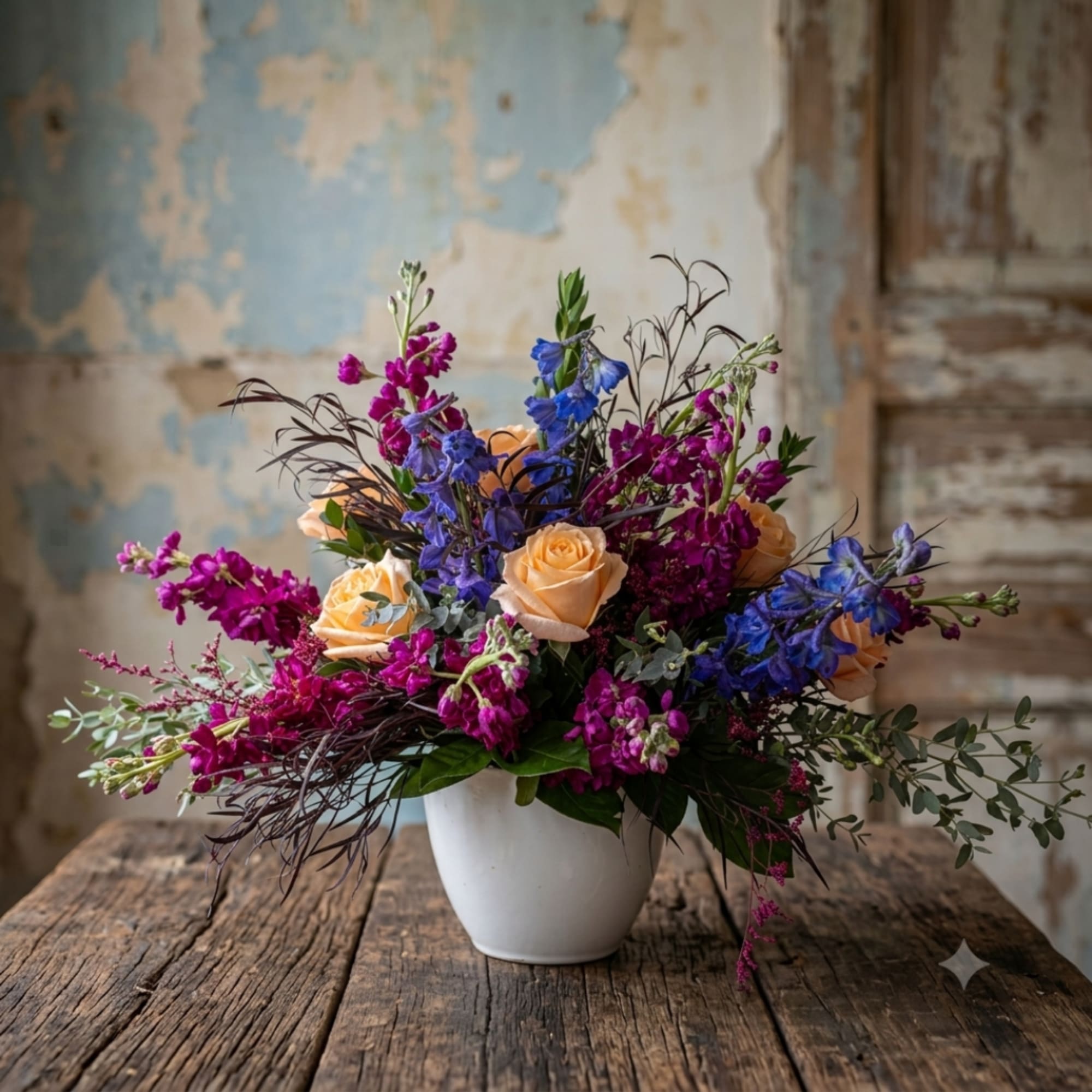 Bouquet of peach roses and purple-blue flowers in a white vase