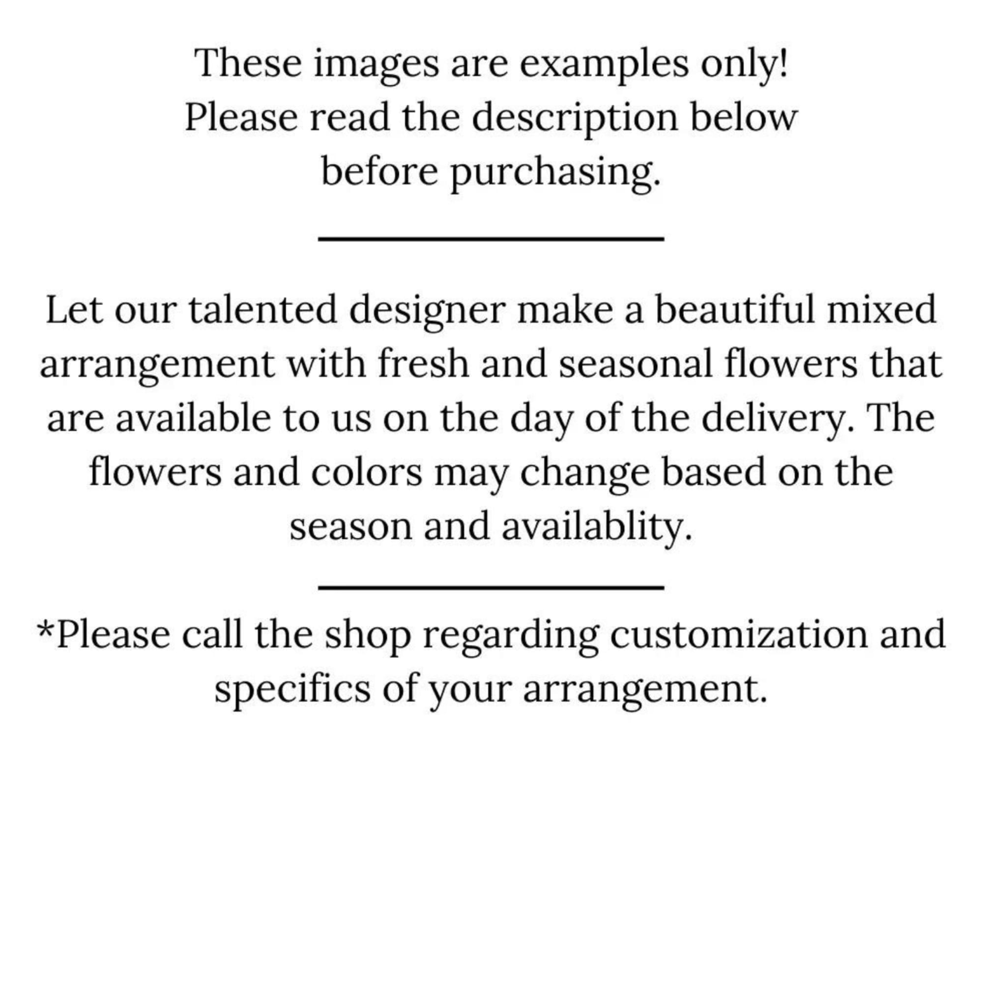 White background with black text explaining that floral images are examples only