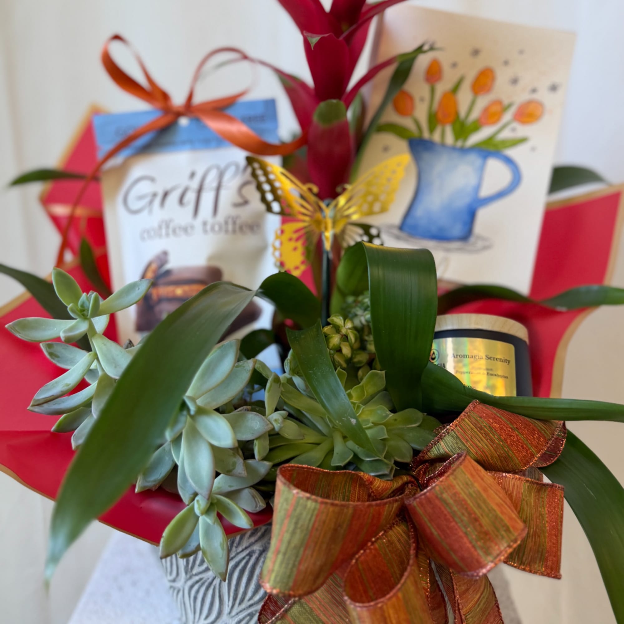 Gift basket with succulents, coffee, a candle, and greeting cards