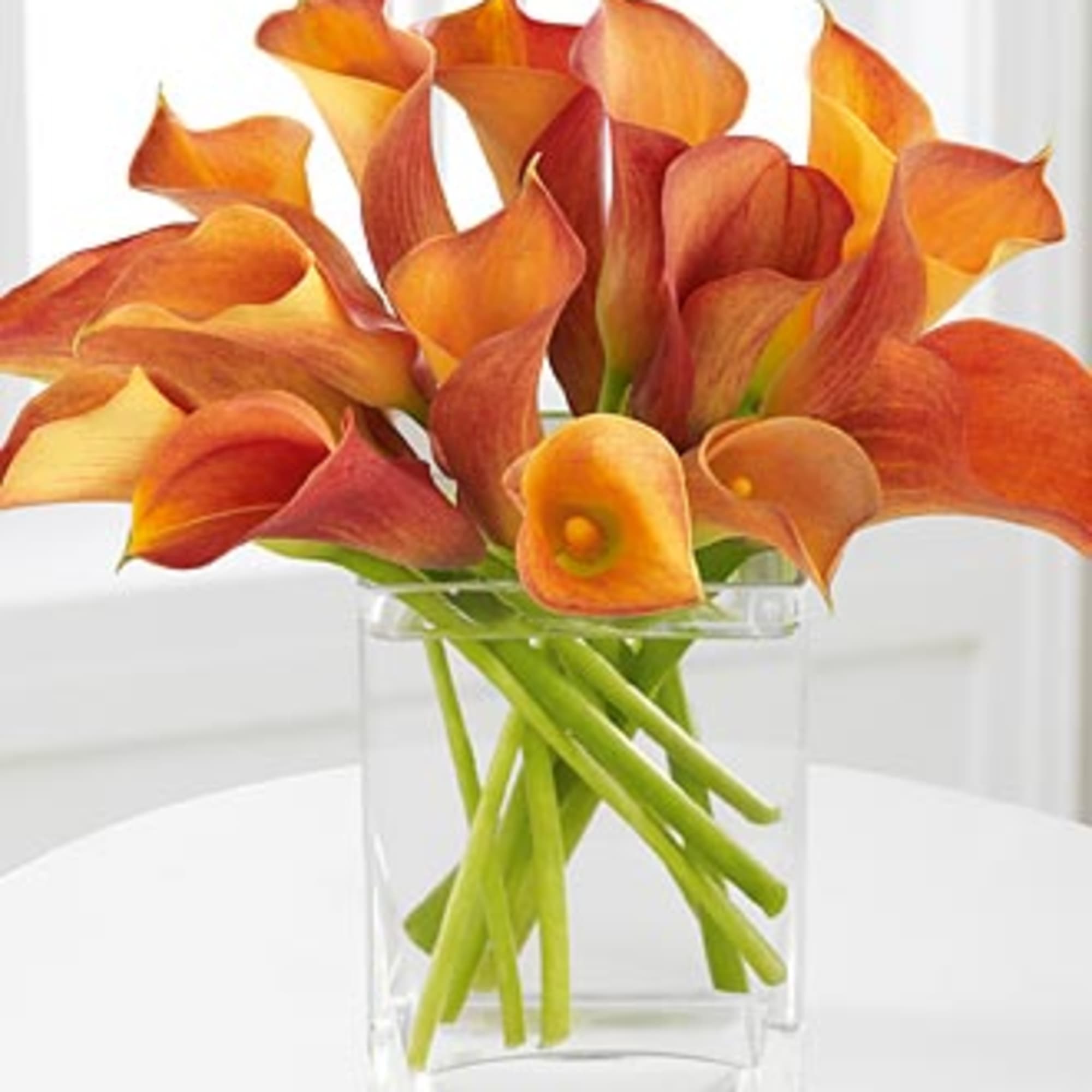Orange calla lilies arranged in a clear glass vase