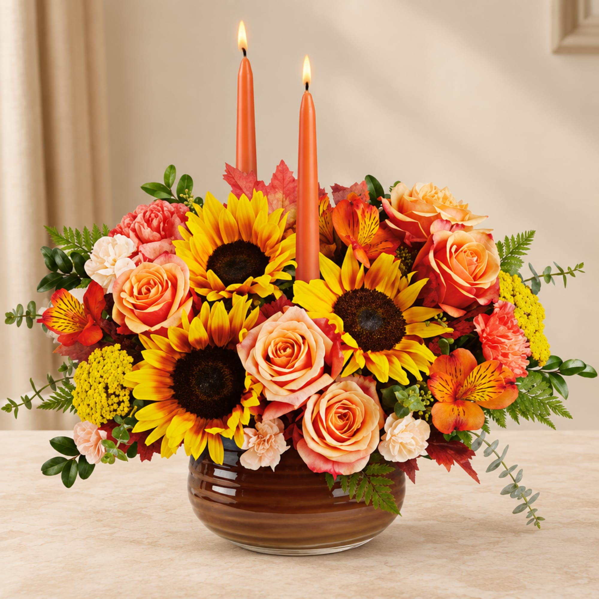 Sunflower and rose arrangement in a brown glass bowl with two orange candles