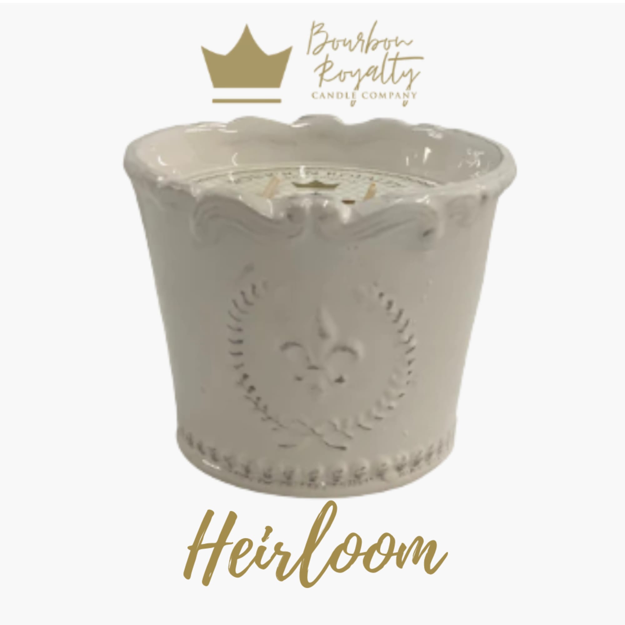Cream ceramic candle jar with a scalloped rim and gold logo text