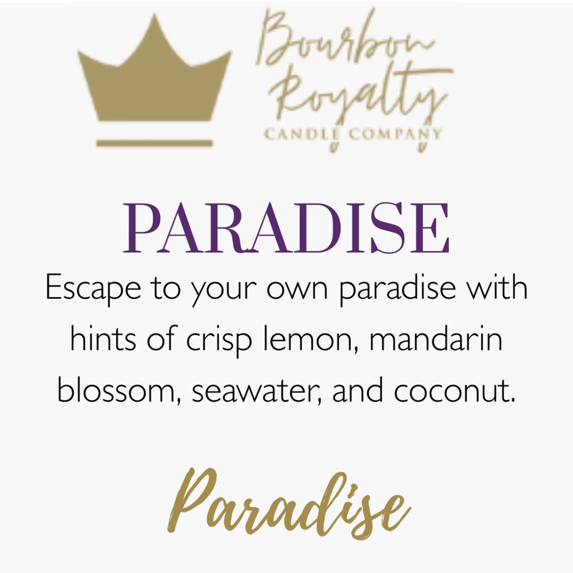Text-only candle label with the word Paradise and a crown logo.