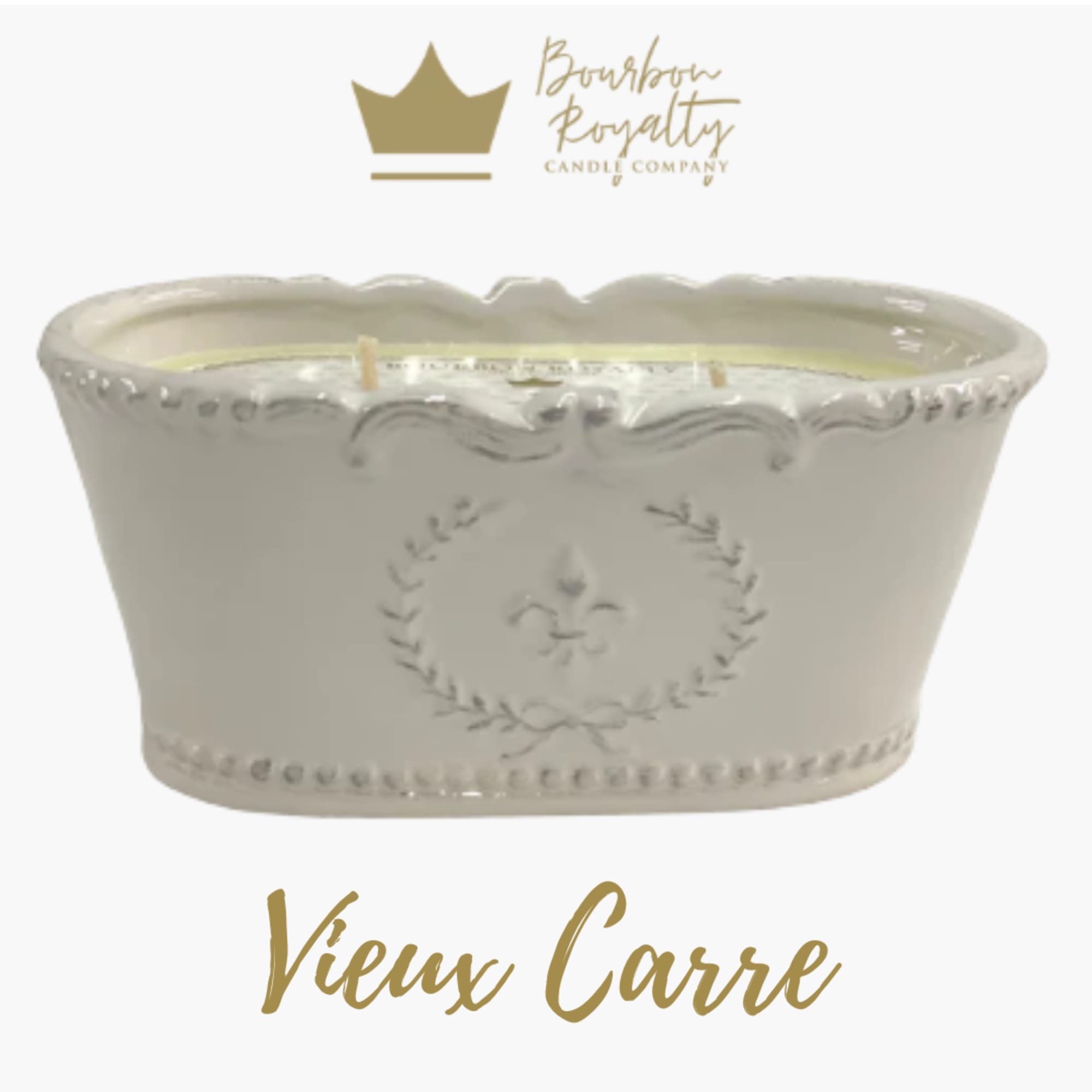 Cream ceramic candle vessel with ornate embossed detailing