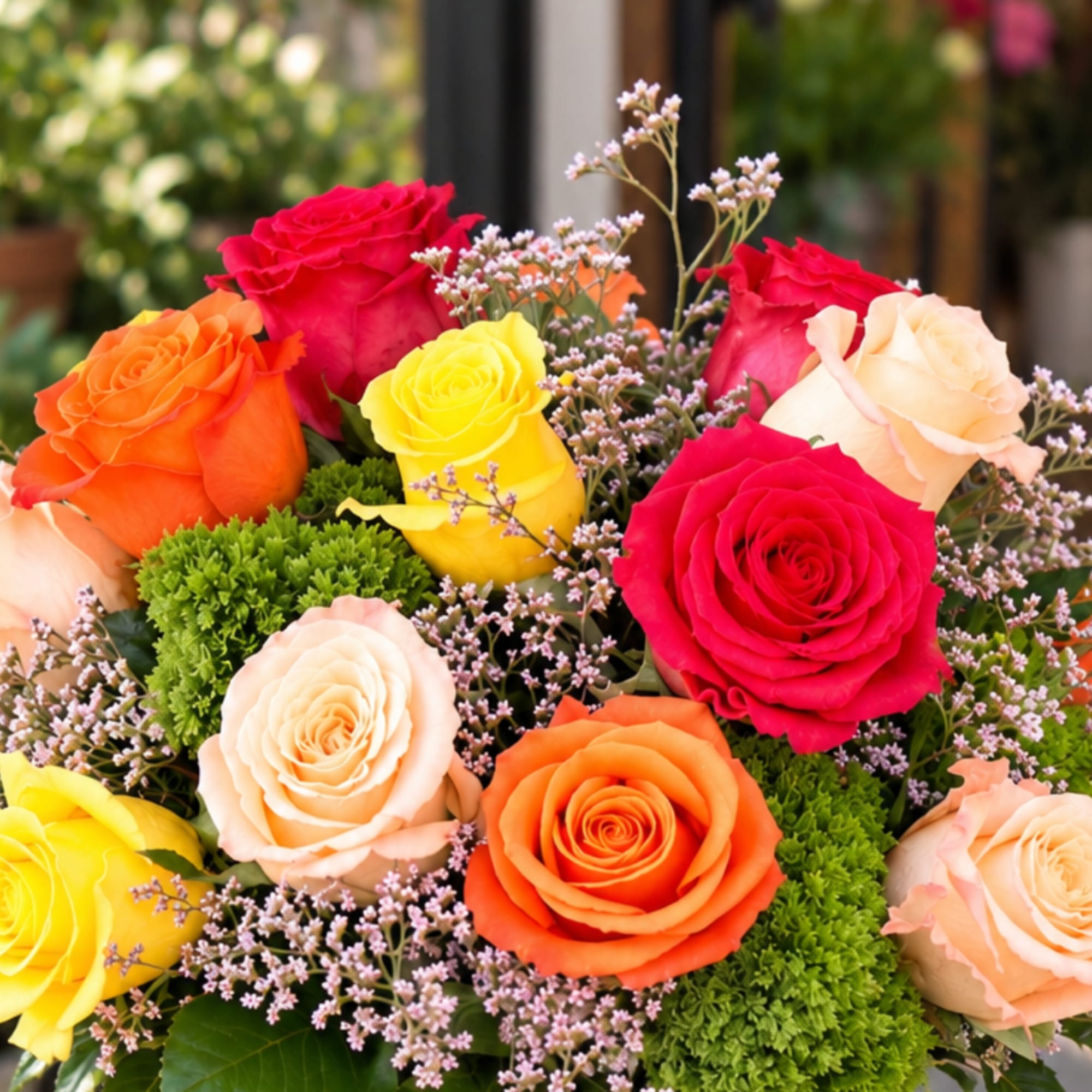 Bouquet of multicolored roses with small filler flowers