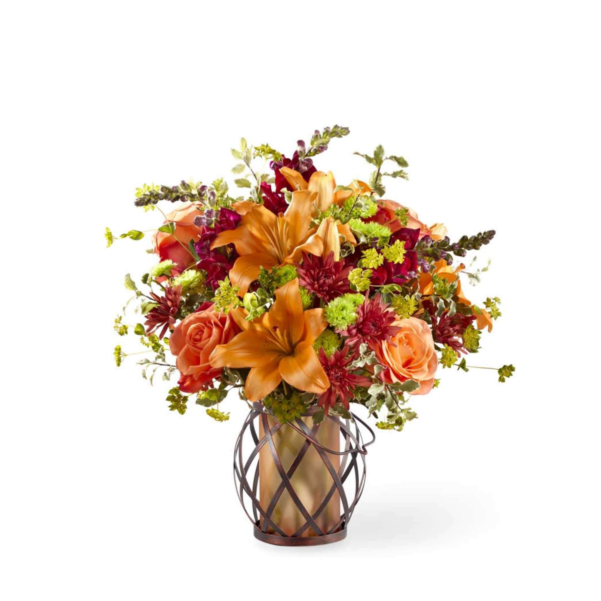 Roses, snapdragons, and lilies fill a lovely keepsake lantern or similar keepsake, photo 2 of 3