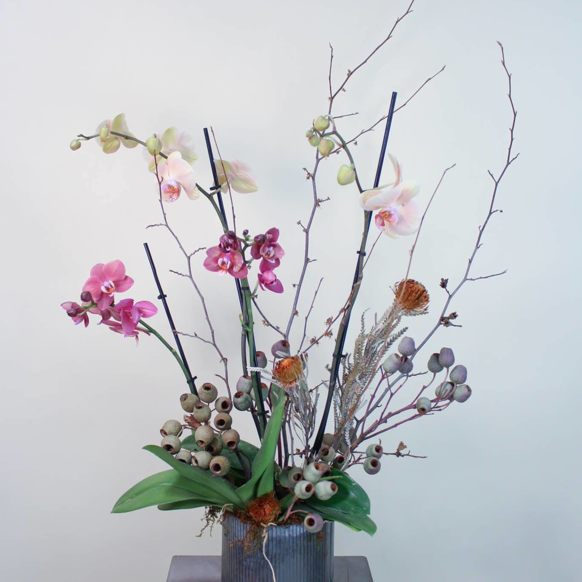 Tall orchid arrangement in a ribbed metal container with branches