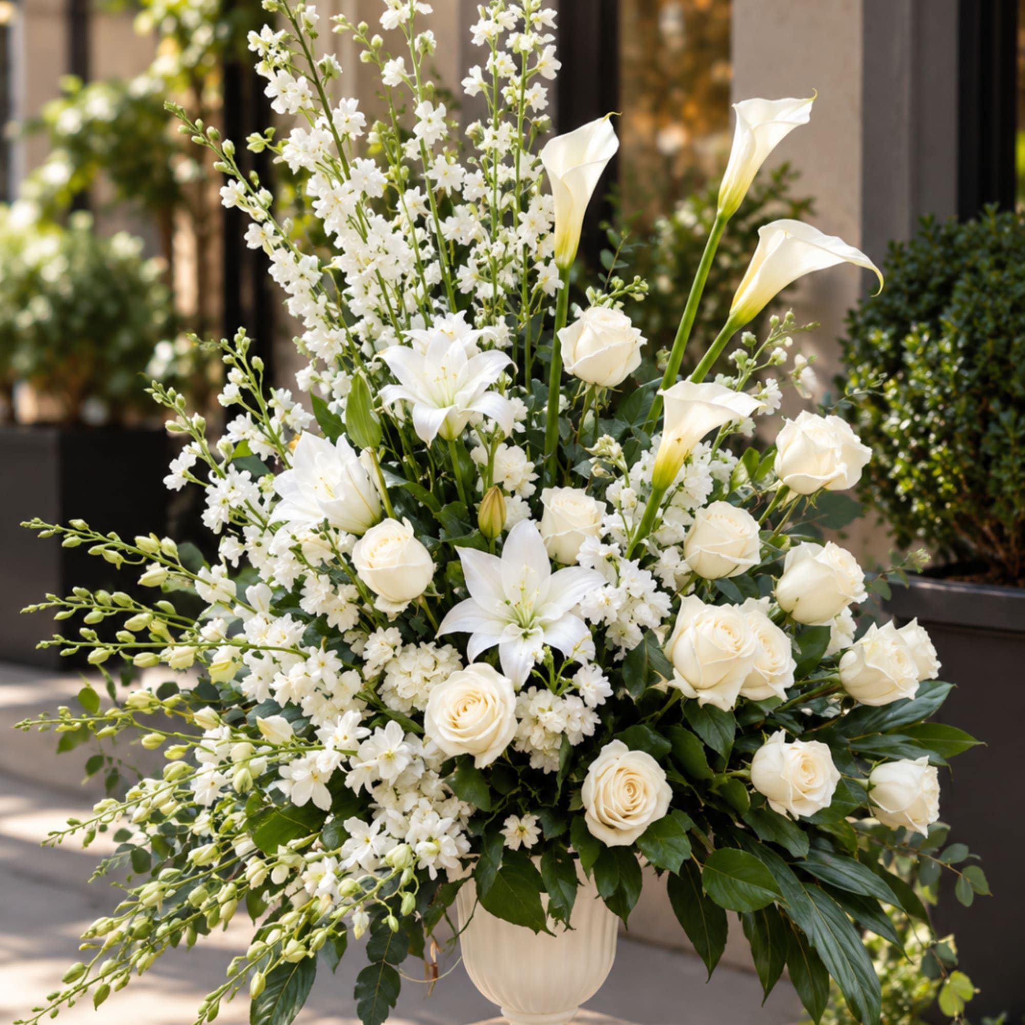 White floral arrangement with roses, calla lilies, and lilies in a white vase