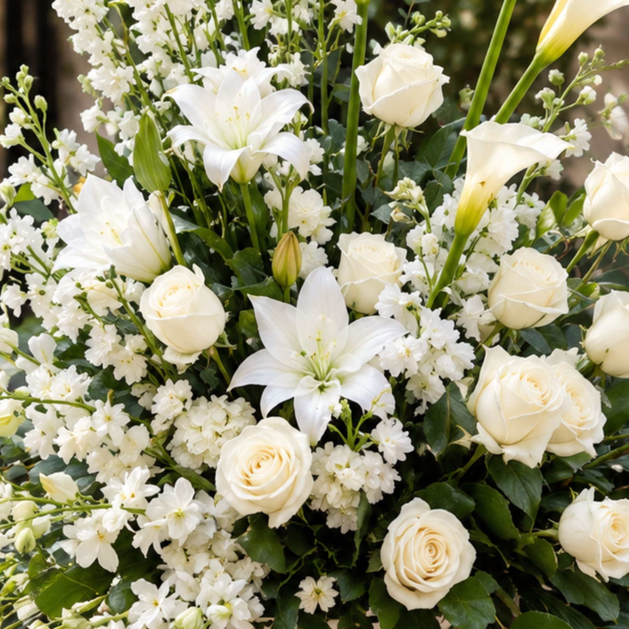 White roses and lilies arranged in a dense bouquet