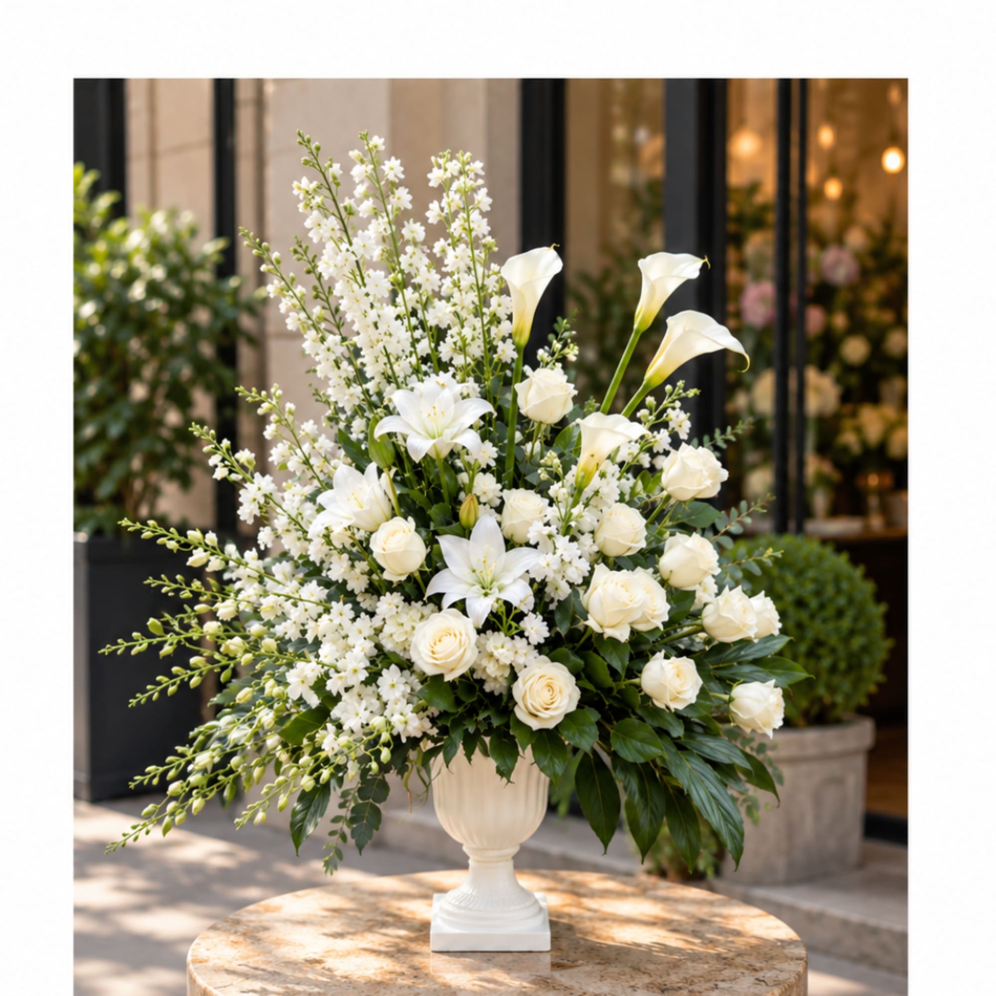 White floral arrangement in a white urn vase with roses, lilies, and calla lilies