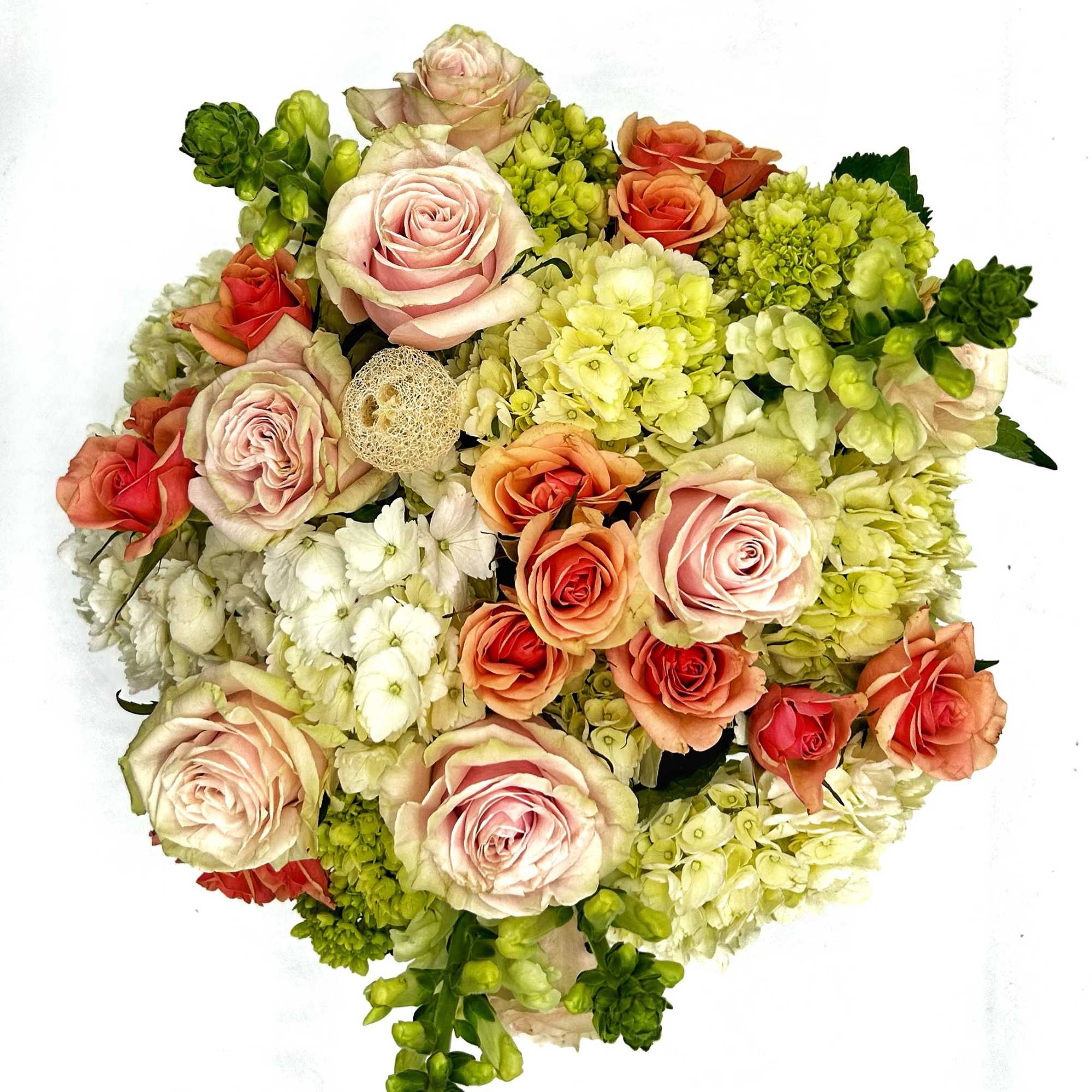 Compact lush and full cylinder with soft cream color hydrangeas. Peach and