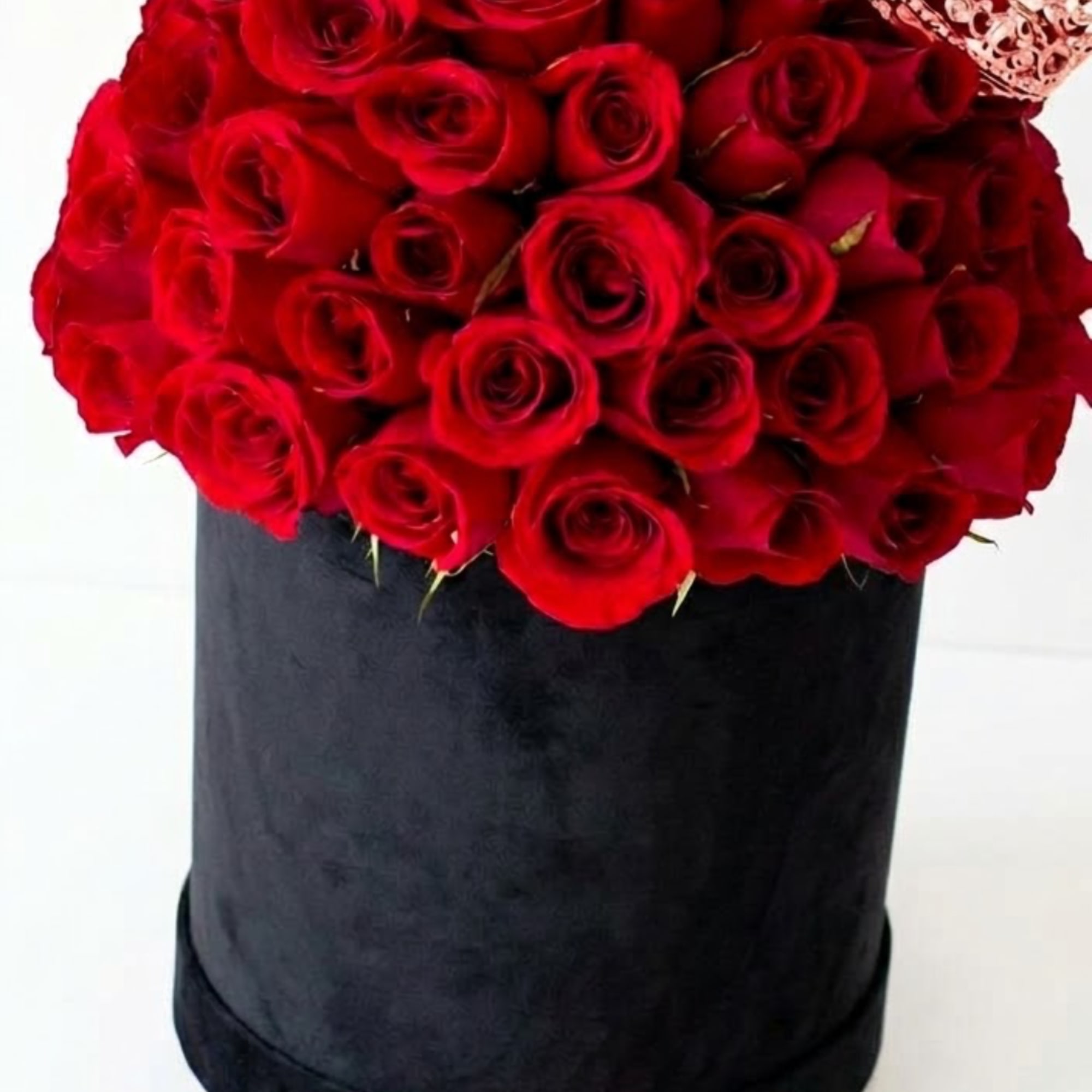 Red roses arranged in a black cylindrical box