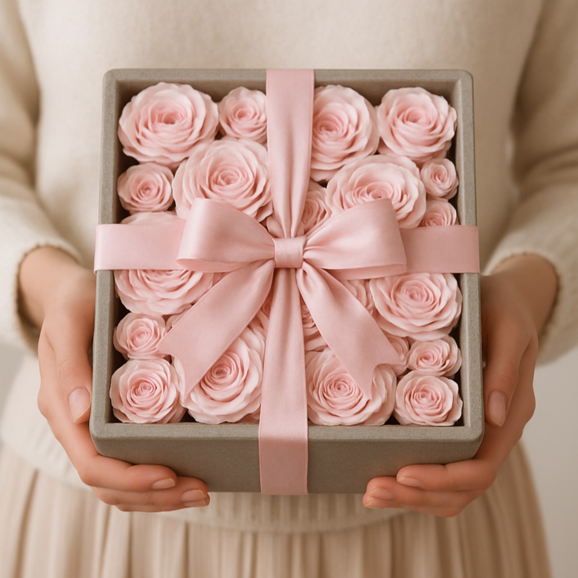 Soft and romantic ,delicate blush pink roses rest gracefully in our minimalist