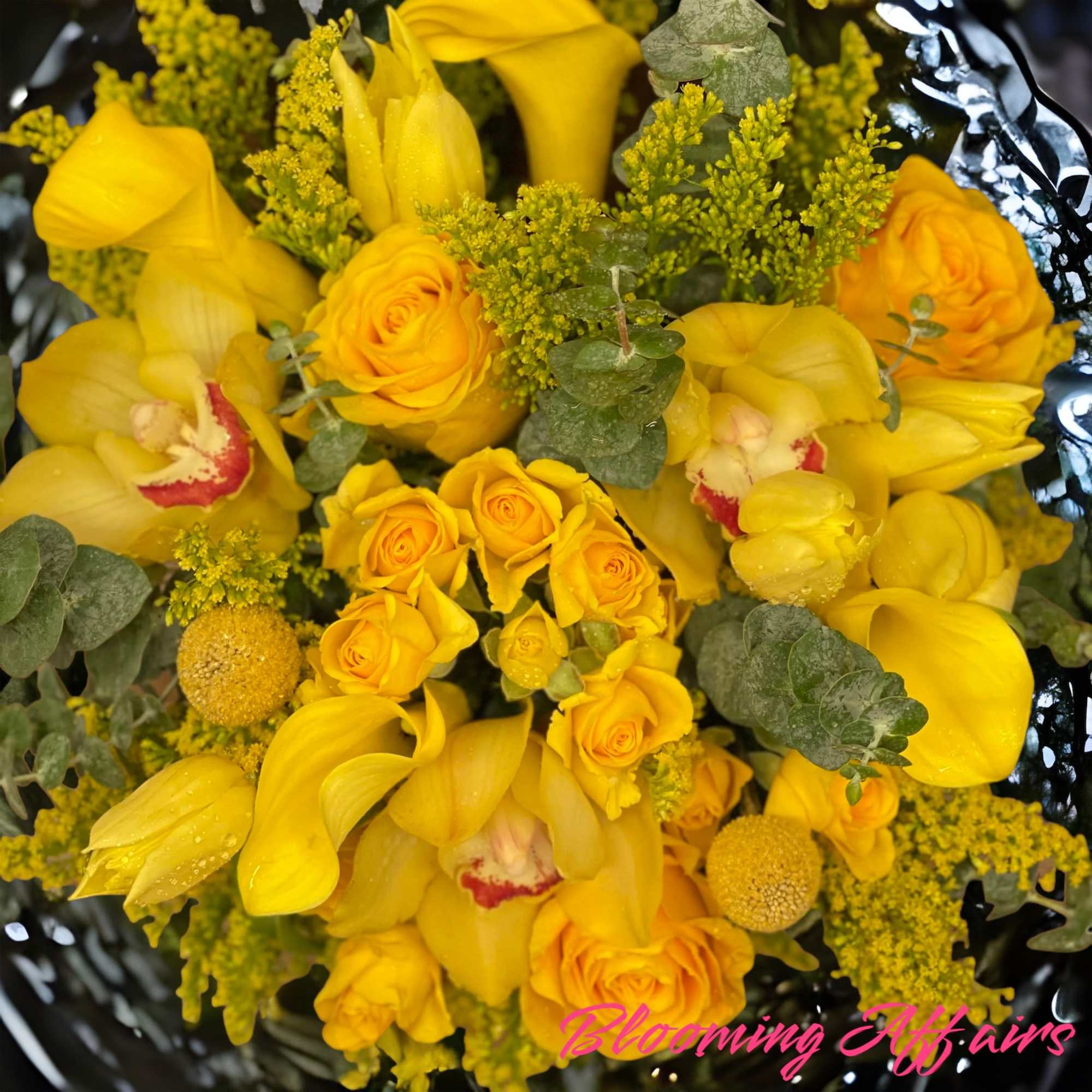 Yellow bouquet with roses, calla lilies, and orchids, photo 3 of 5