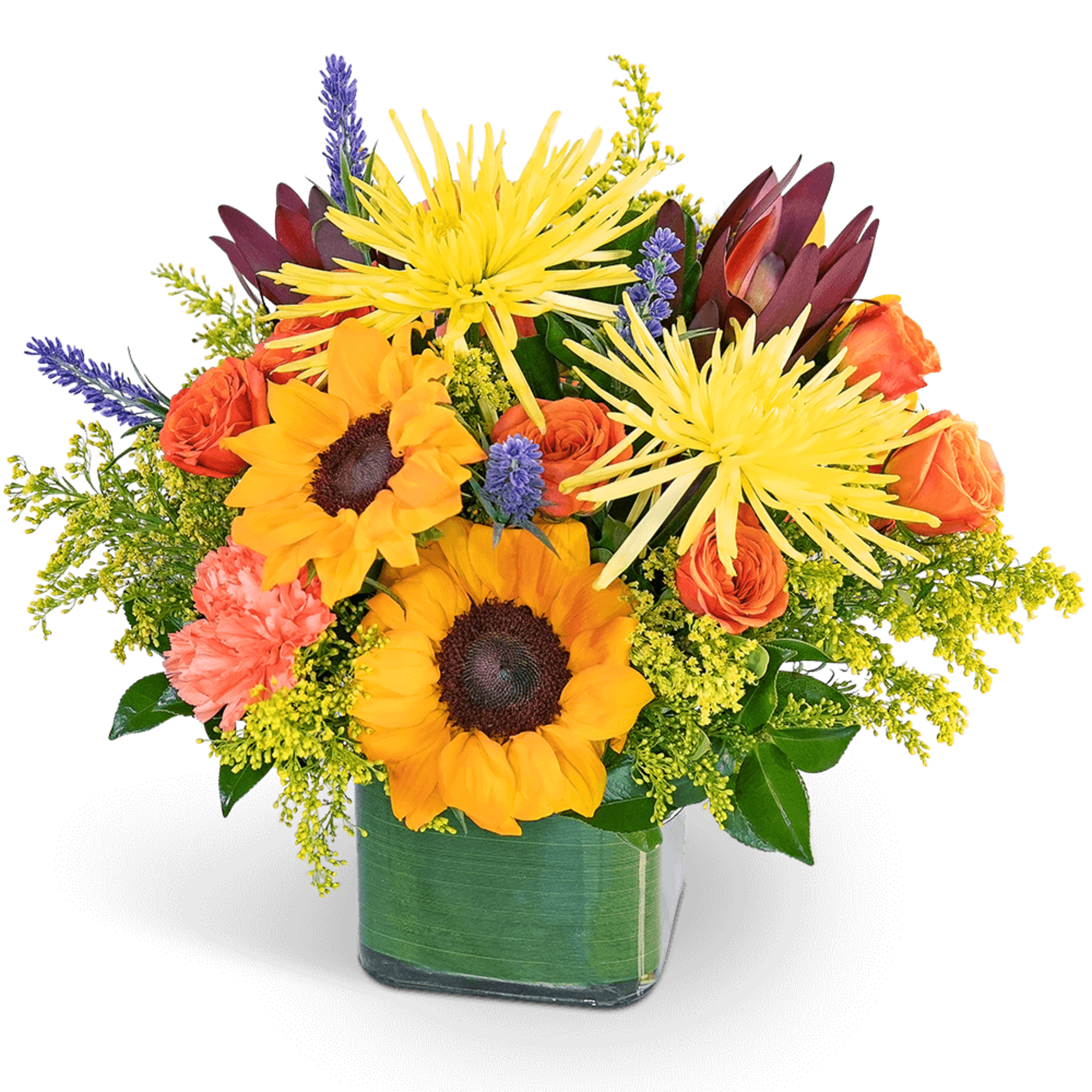 Mixed bouquet with sunflowers, orange roses, and purple accents in a square vase