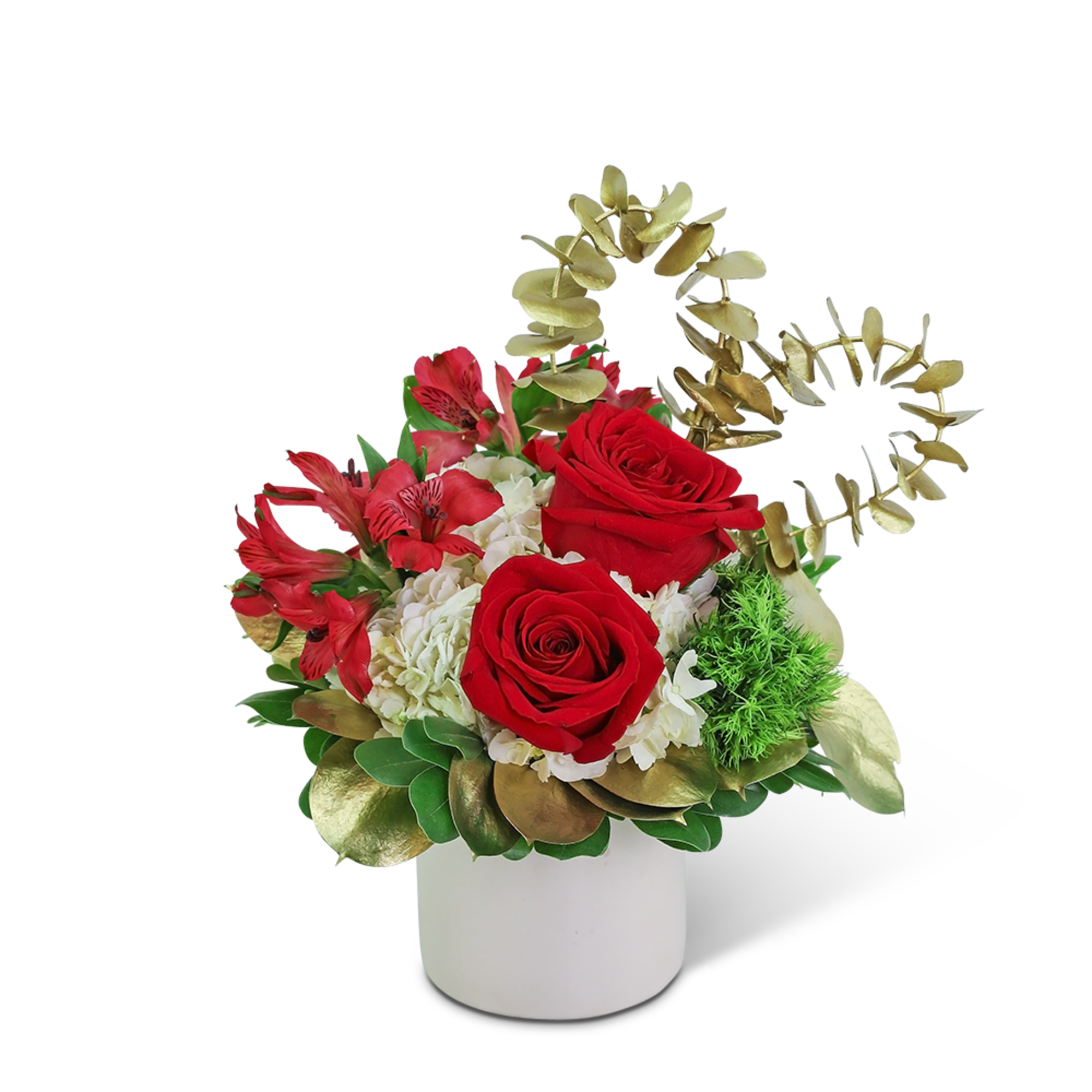 Red roses and red alstroemeria in a white vase with gold foliage